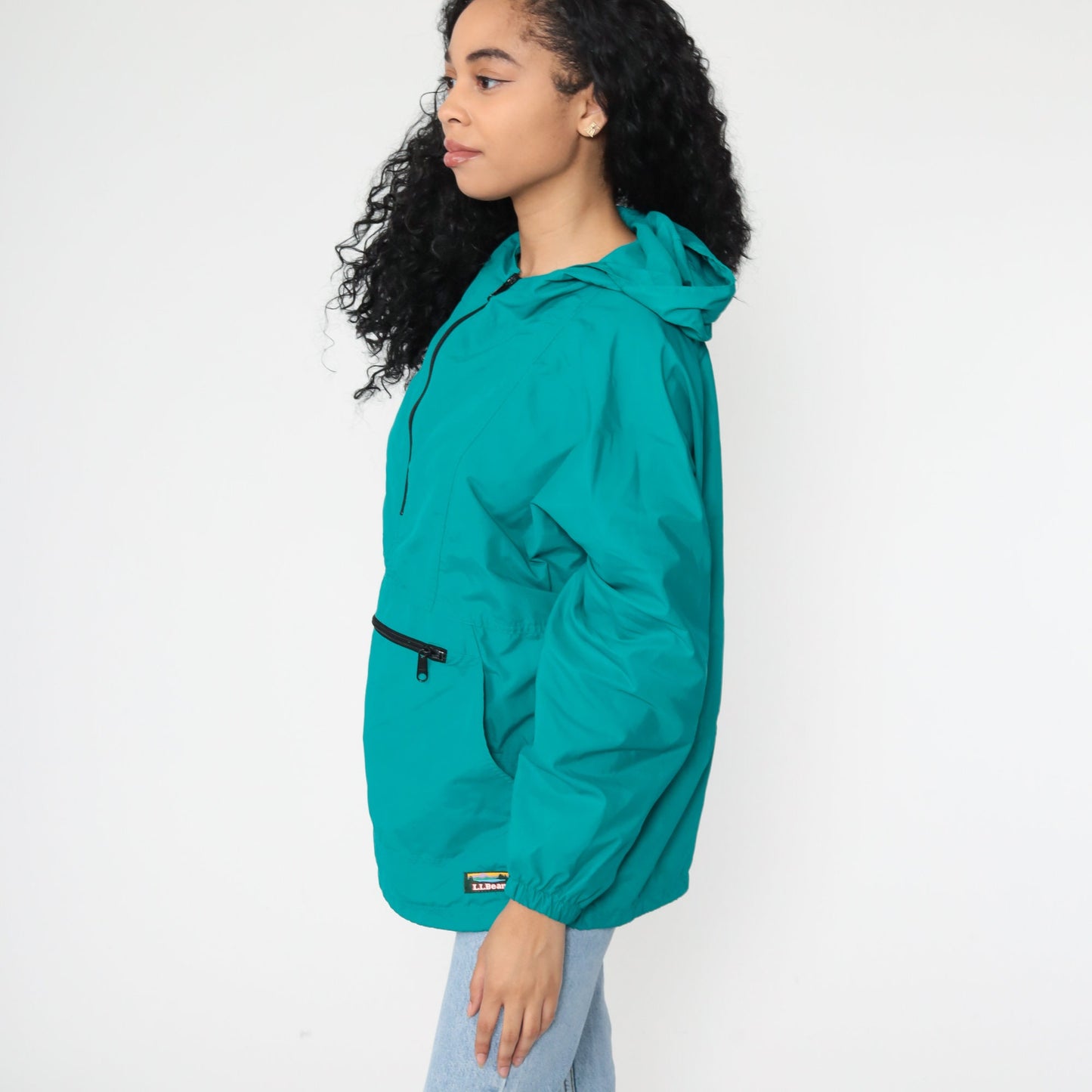 LL Bean Teal Hooded Windbreaker Half-Zip Pullover Jacket 90s Medium