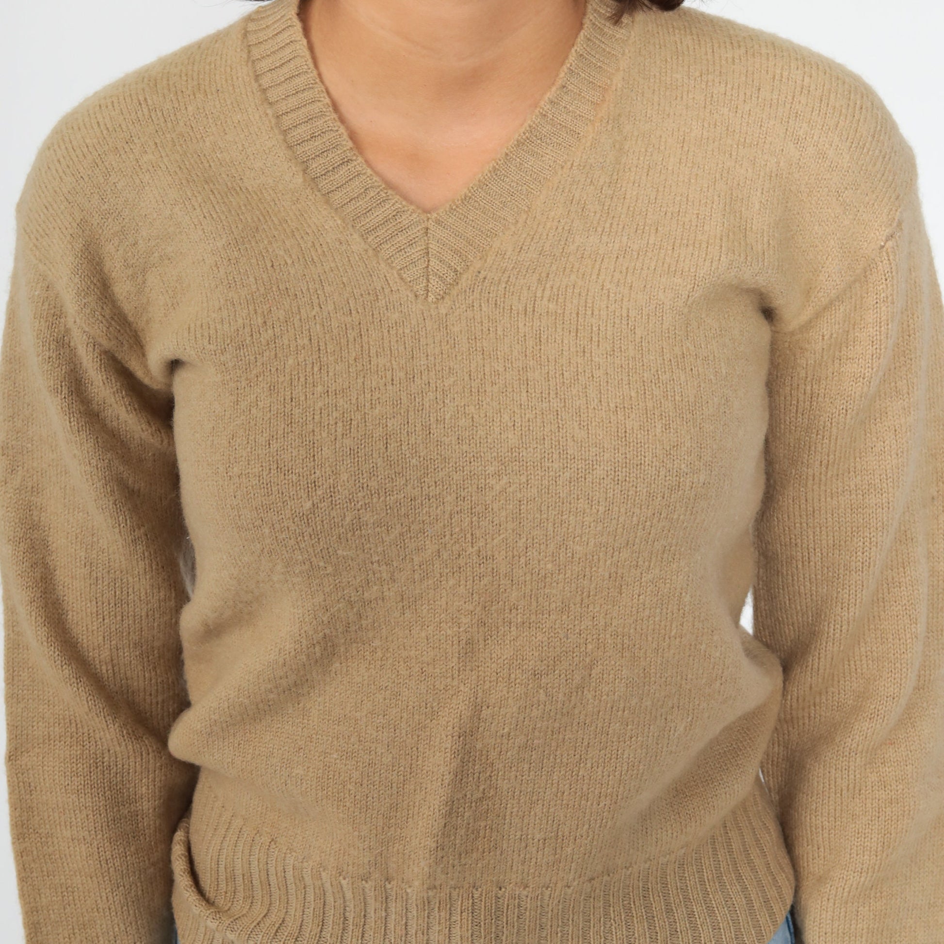 80s Wool V-Neck Sweater Tan Pullover Knit Extra Small XS