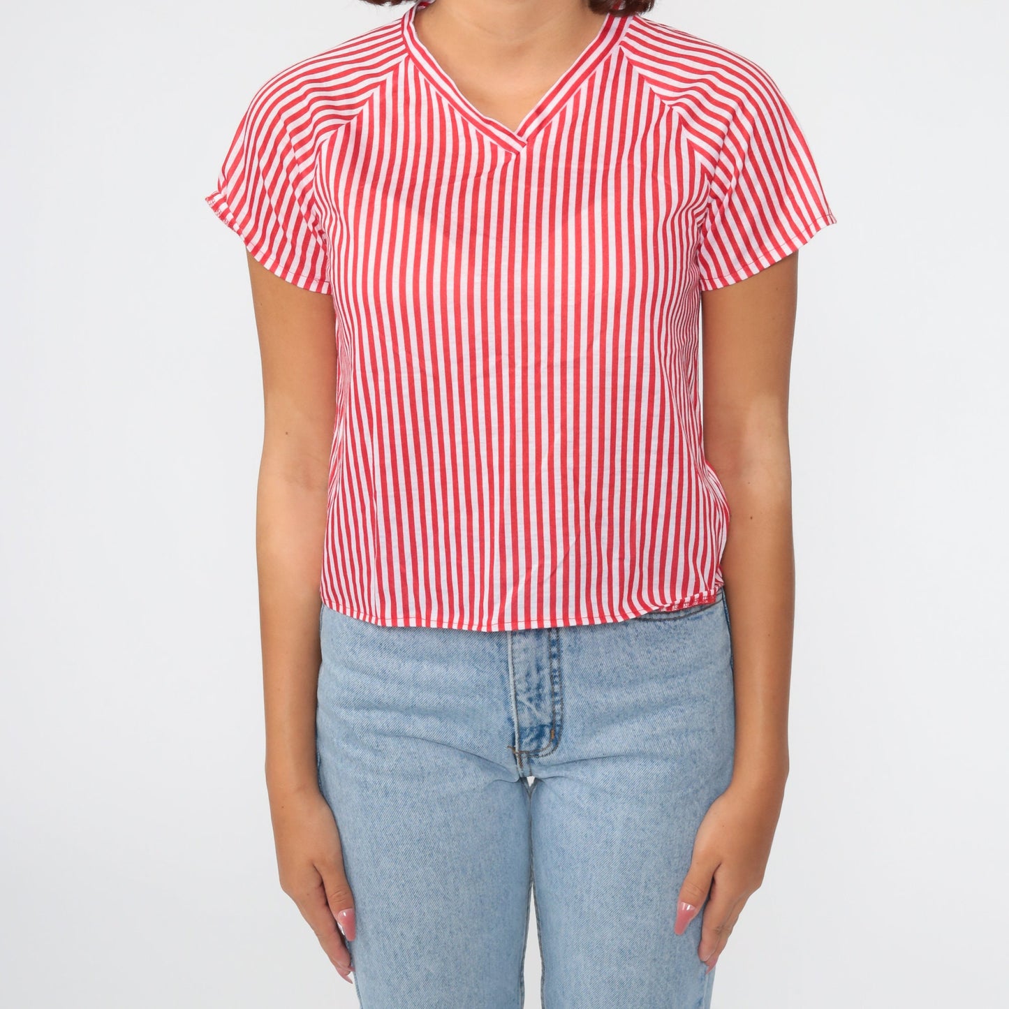 80s Red White Striped V-Neck Raglan Sleeve Top Extra Small