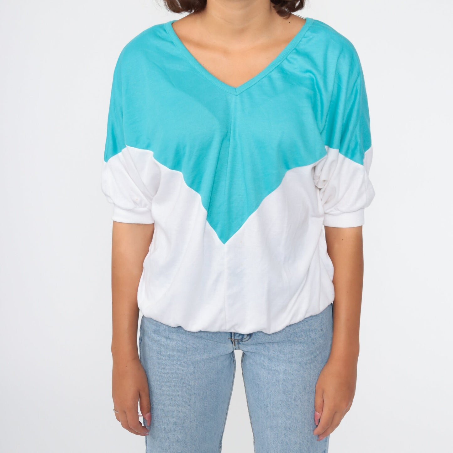 80s Turquoise White Color Block Dolman Sleeve V-Neck Top Large