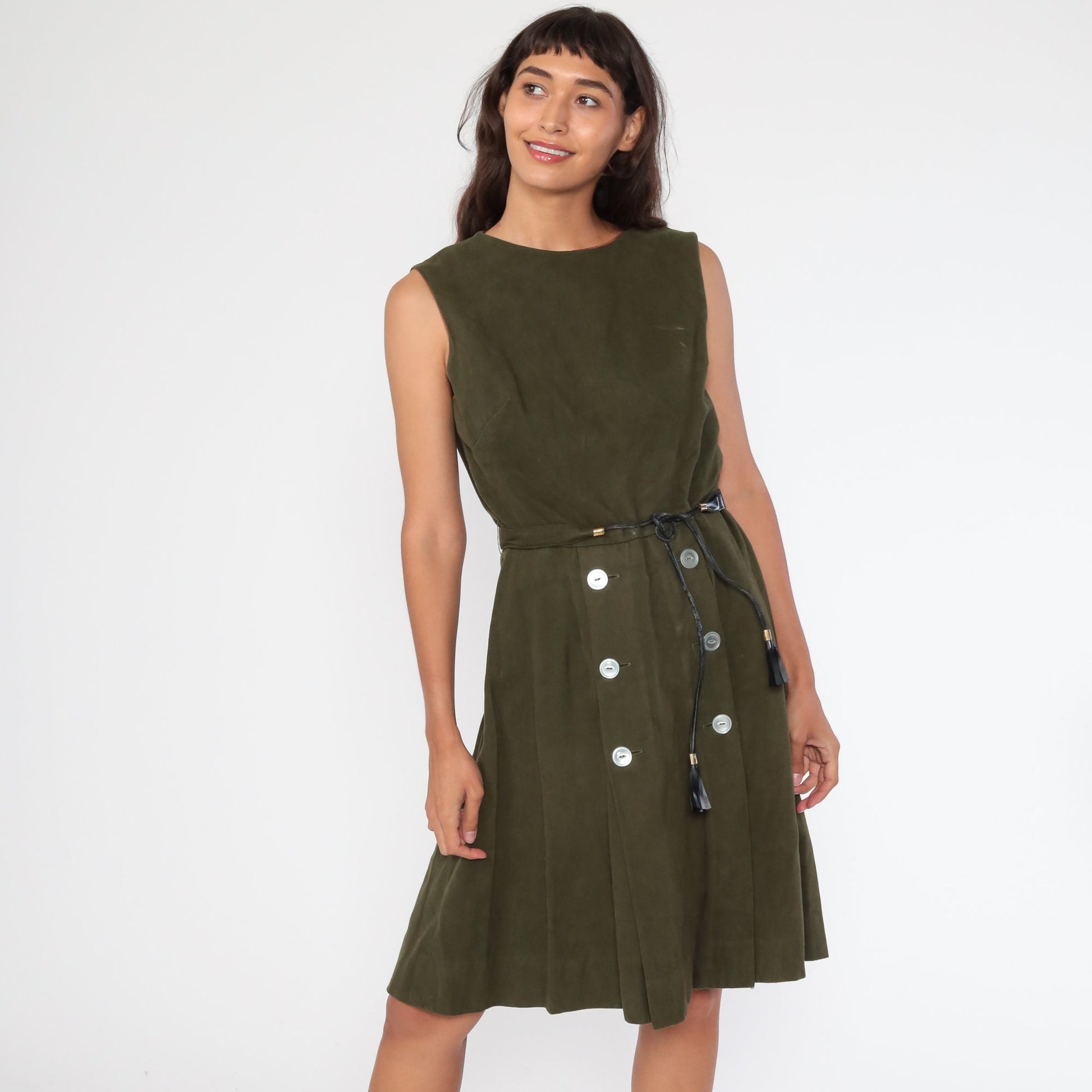 60s Mod Mini Dress Olive Green Faux Suede High Waist Sleeveless Small