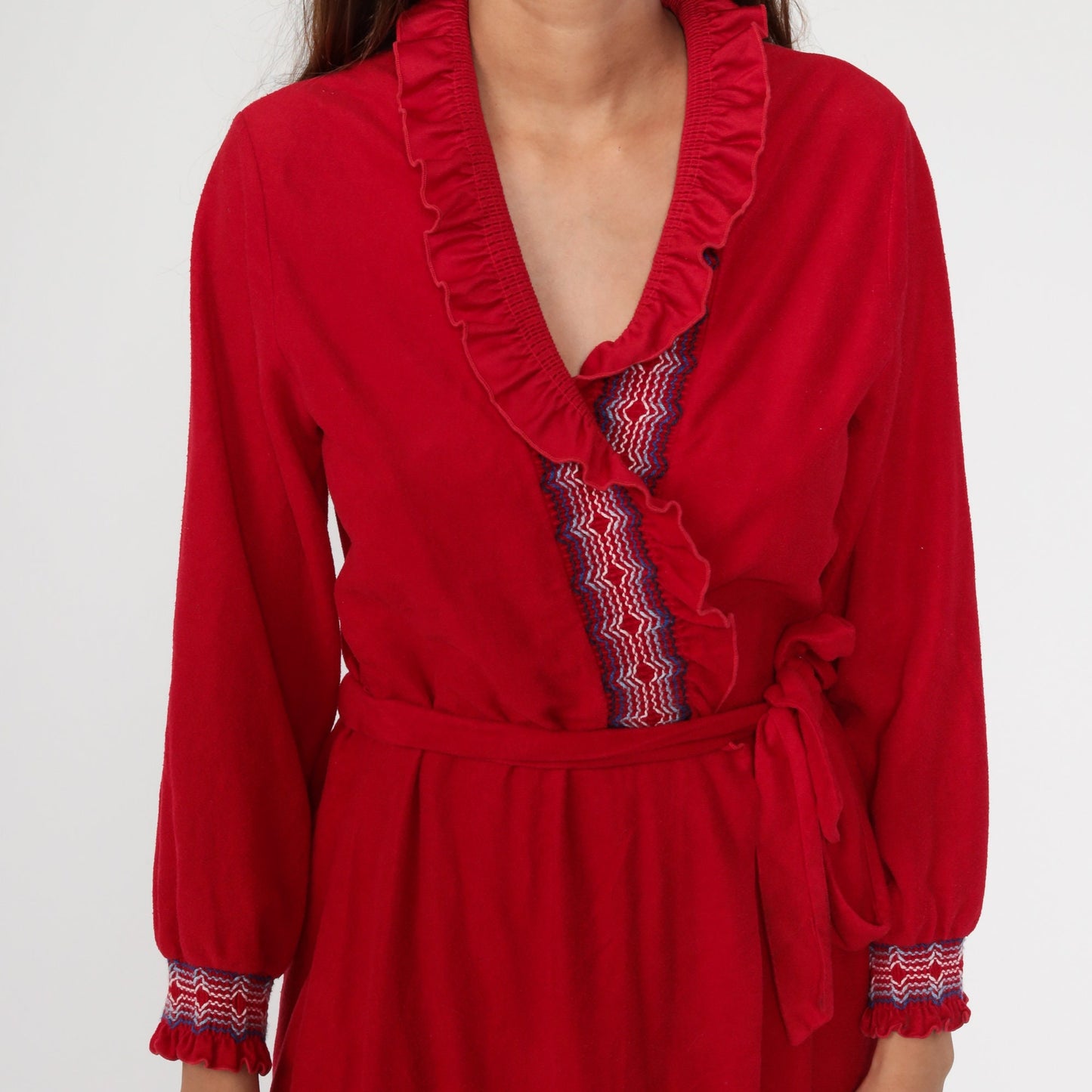 70s Anne Leslie Red Wrap Maxi Robe Dress Belted Loungewear Small Medium