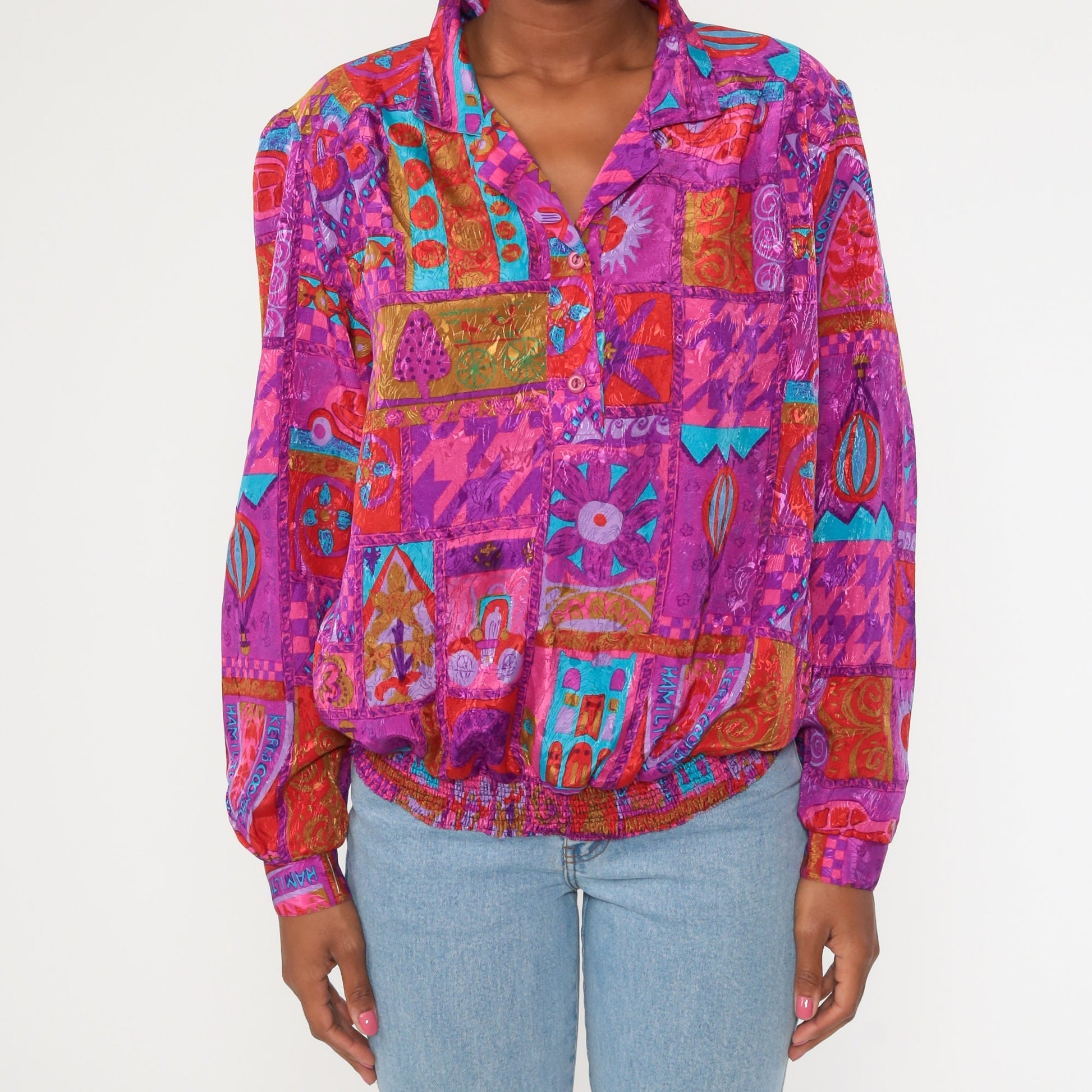 90s Floral Patchwork Colour Block Blouse Purple Neon Button Up Large