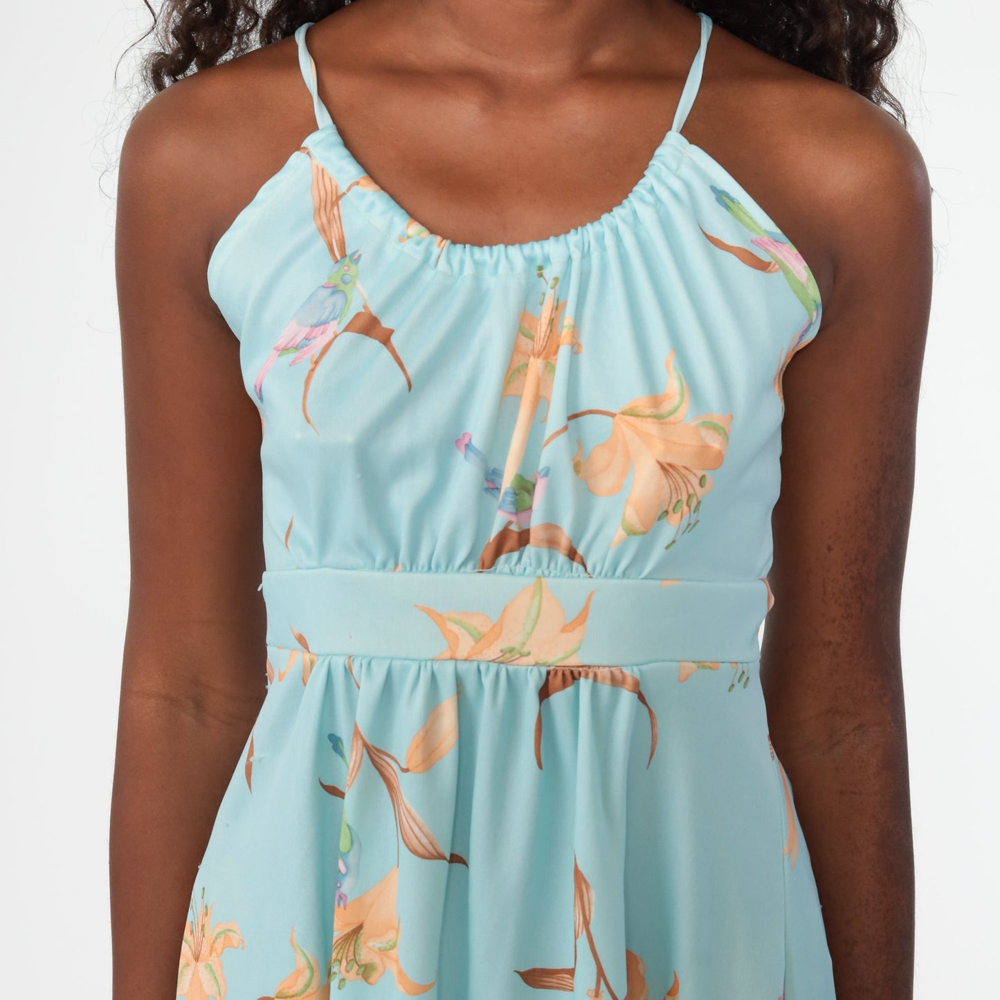 70s Tropical Floral Sun Dress Pastel Blue Criss Cross Back Mini Small Medium