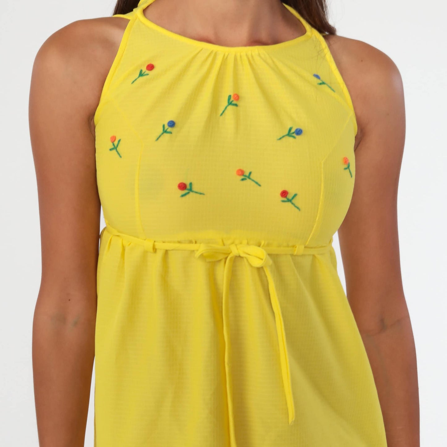 70s Yellow Floral Embroidered Babydoll Dress Empire Waist Midi Sleeveless XXS