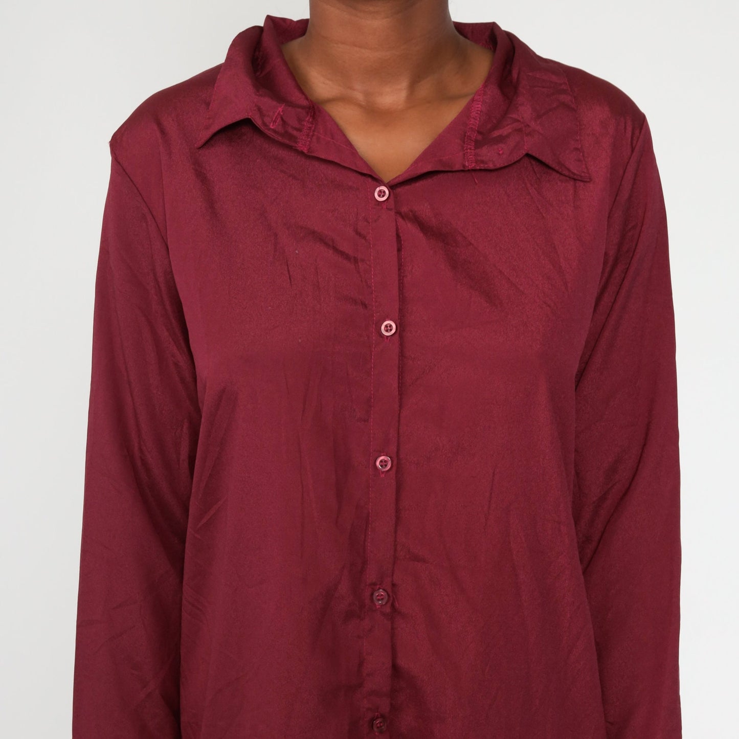 80s Burgundy Button-Up Shift Dress Long Sleeve Mini Medium