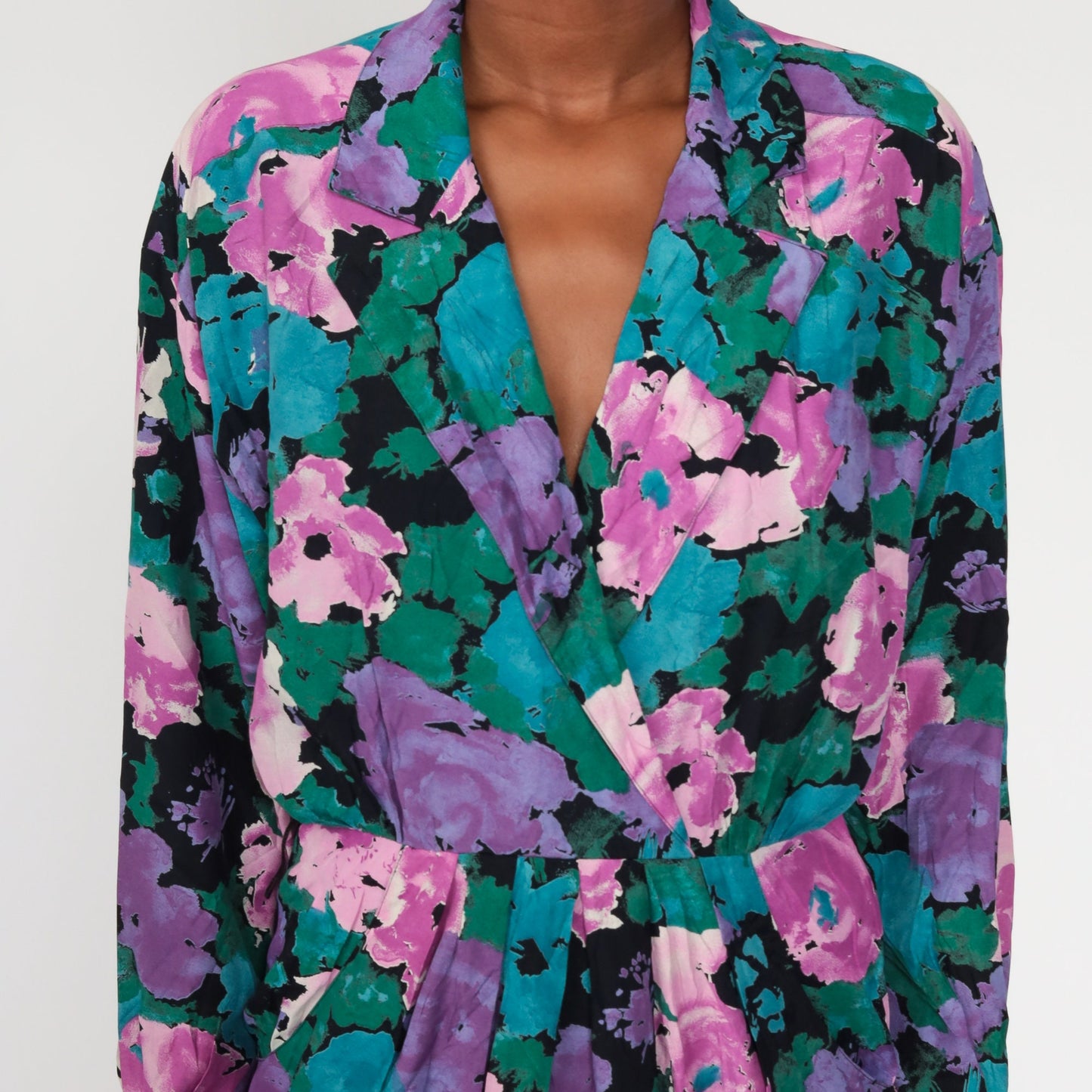 80s Pat Argenti Floral Wrap Dress Purple Midi Dolman Sleeve Medium