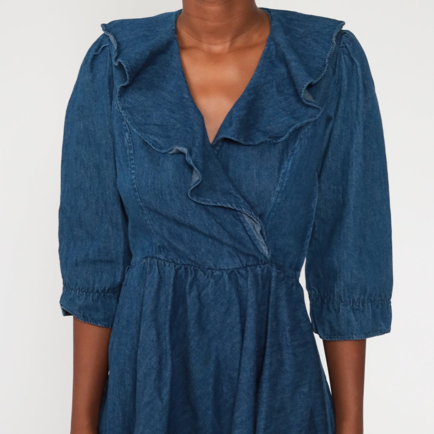70s Denim Mini Dress Puff Sleeve V Neck High Waisted Blue Chambray Extra Small