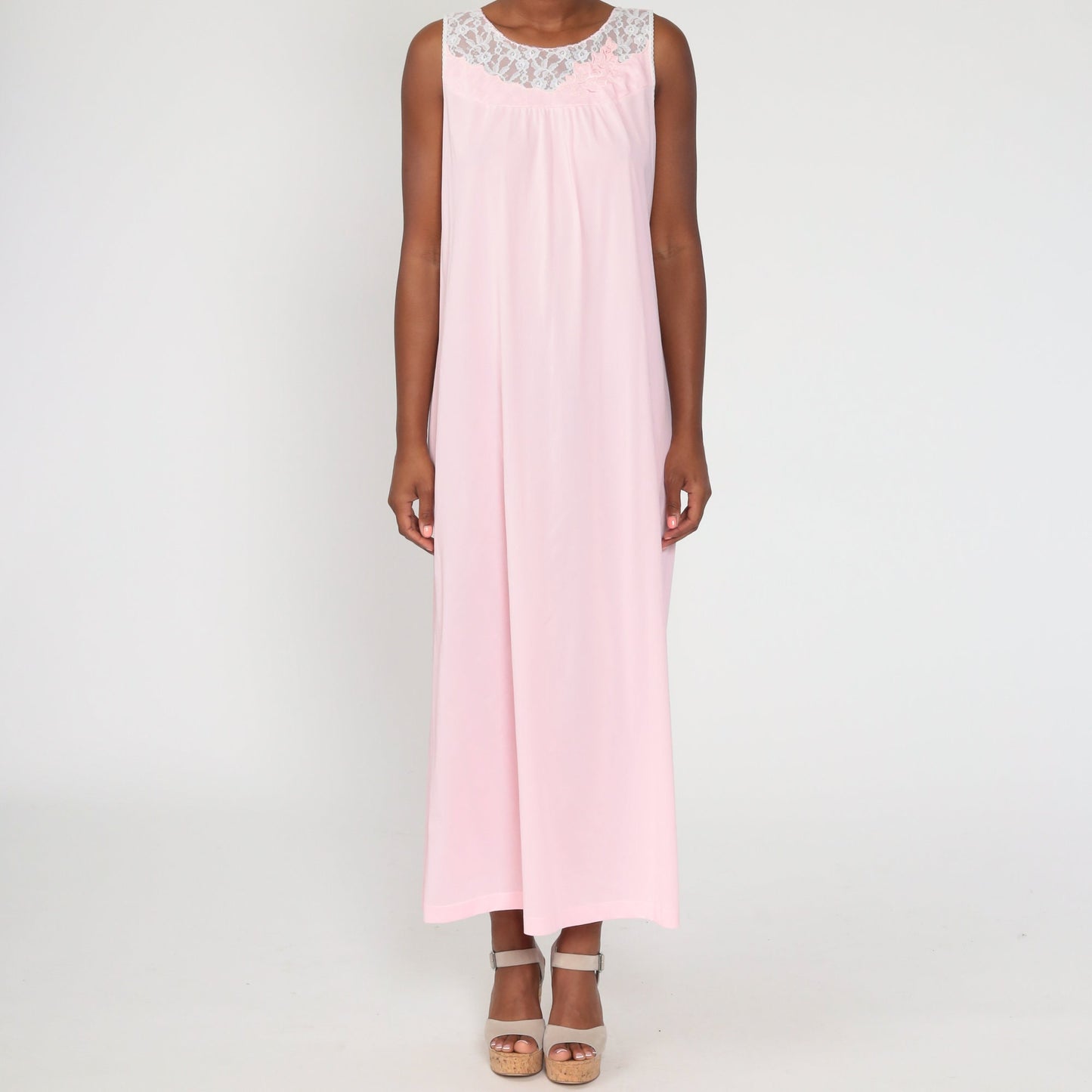 70s Baby Pink Nylon Lace Nightgown Sleeveless Maxi Slip Dress Large