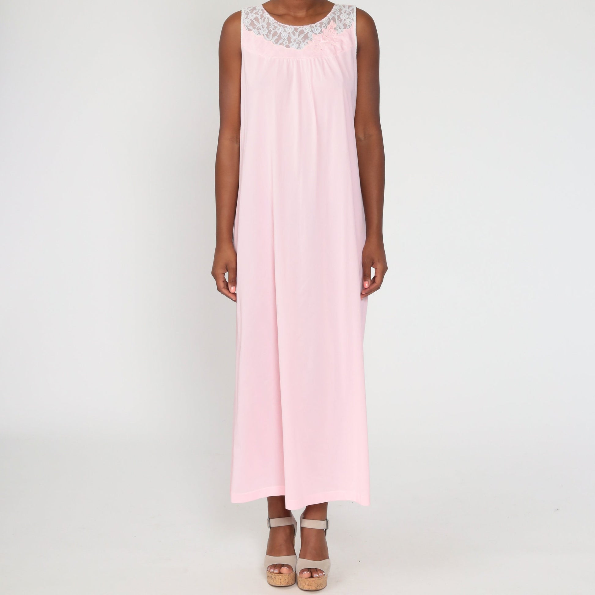 70s Baby Pink Nylon Lace Nightgown Sleeveless Maxi Slip Dress Large