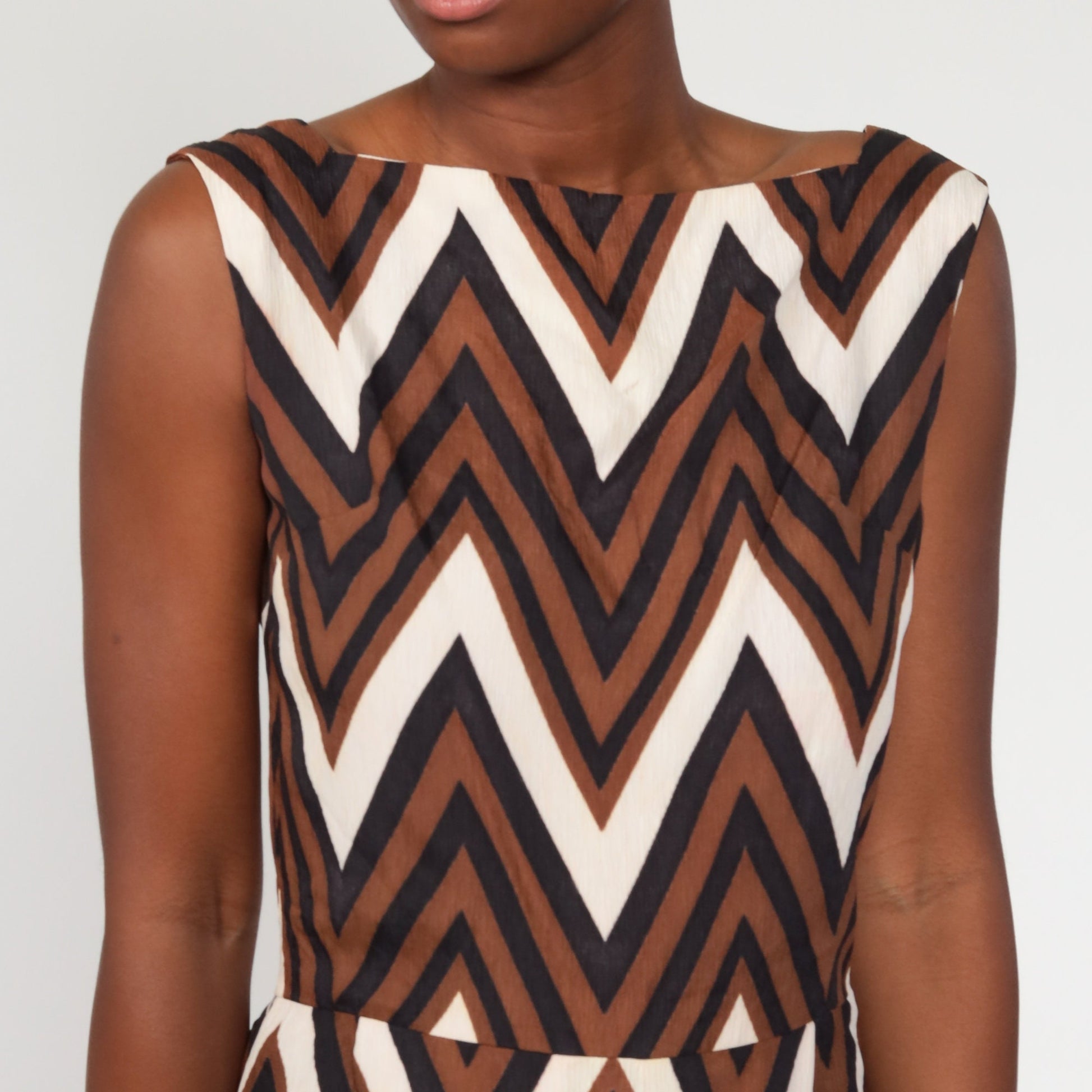 1970s Zigzag Striped Midi Dress Brown Black High Waist Sleeveless Small