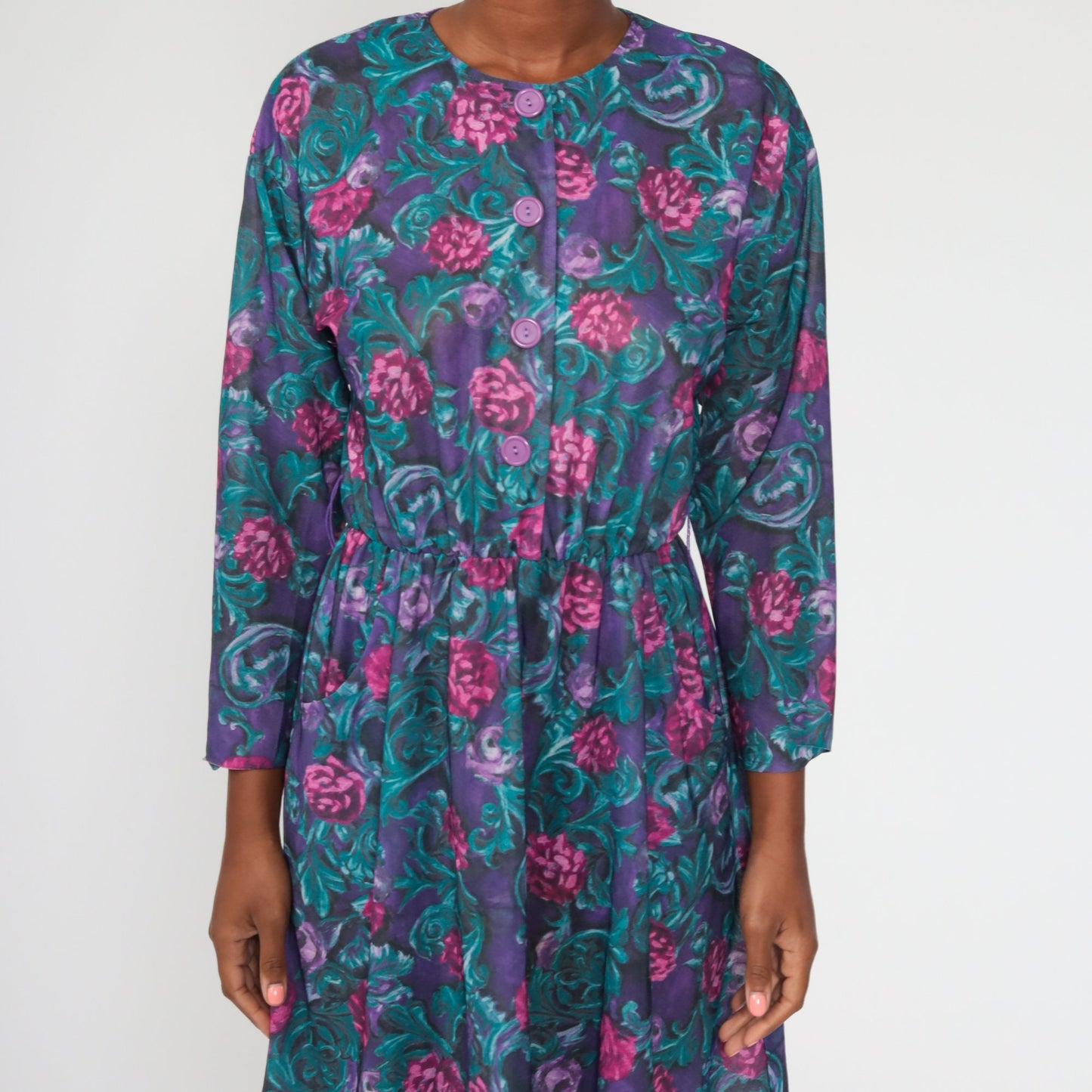 1970s Purple Floral Midi Dress High Waist Long Sleeve Button Front Medium