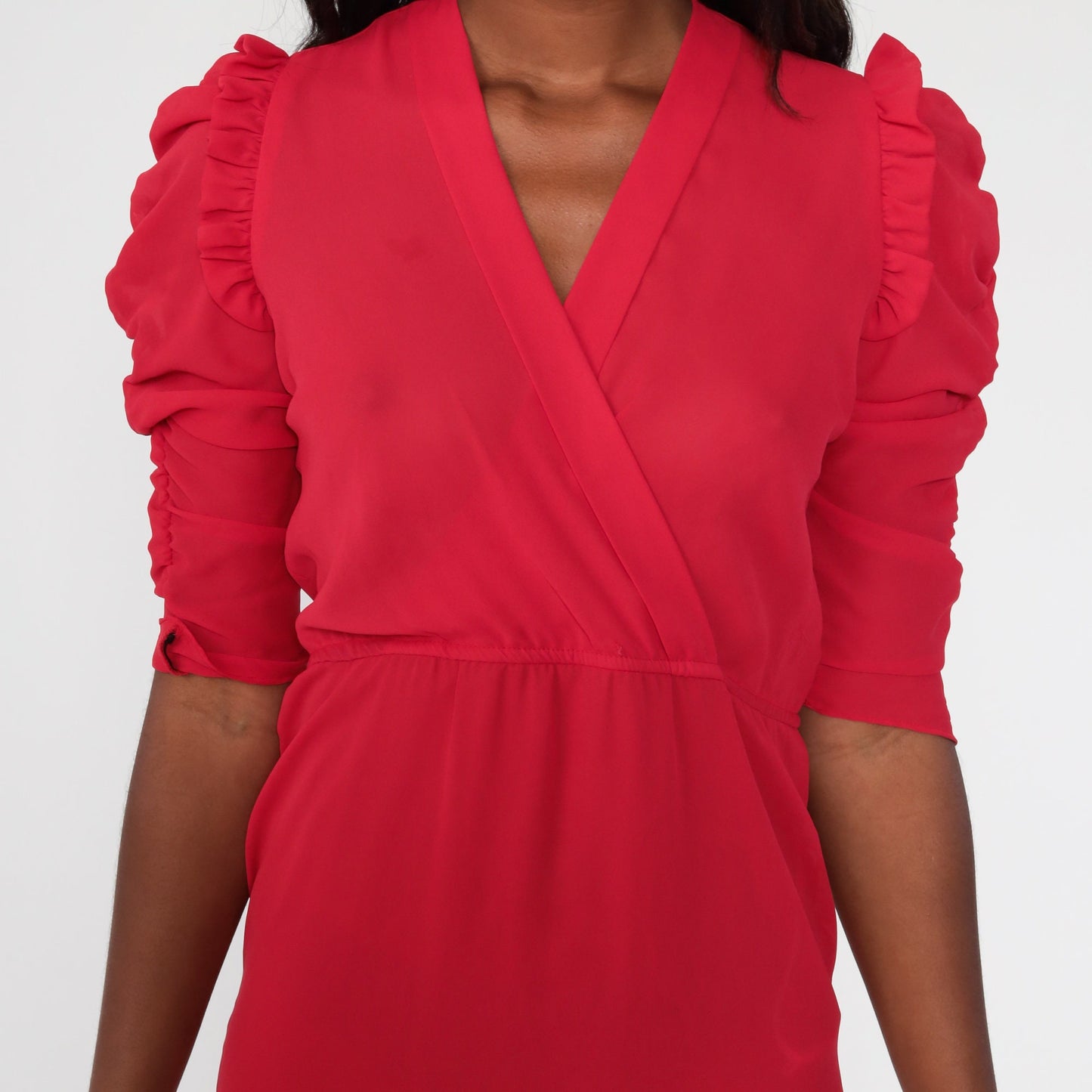 80s Cherry Red Puff Sleeve Mini Dress Wrap V-Neck Ruffled Small
