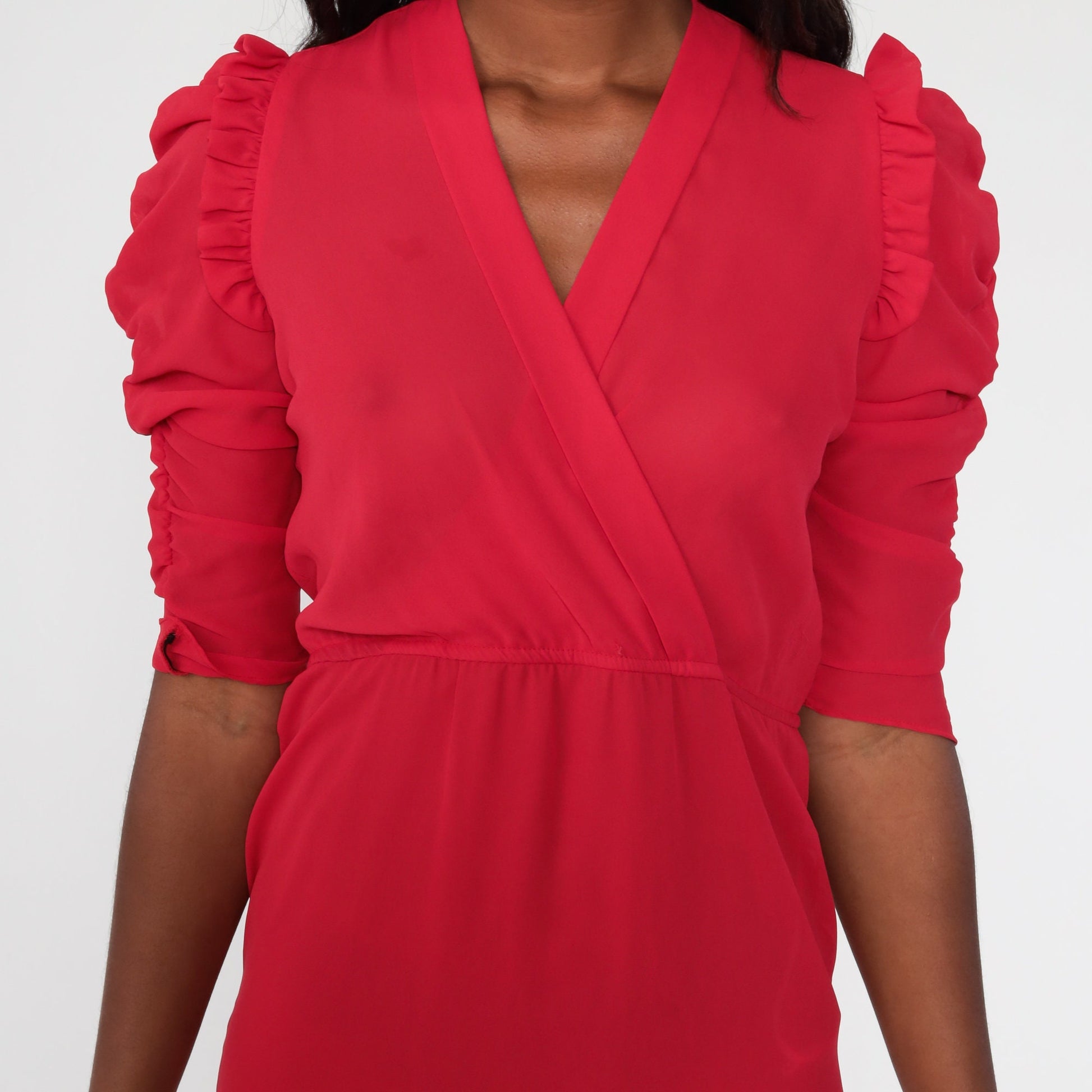 80s Cherry Red Puff Sleeve Mini Dress Wrap V-Neck Ruffled Small