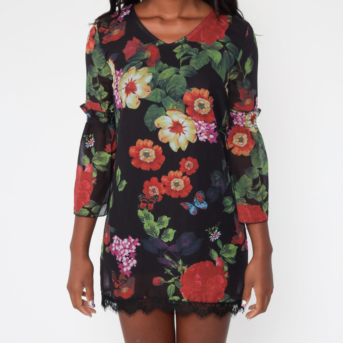Y2K Floral Lace Mini Dress 00s Butterfly Print Long Sleeve Small S