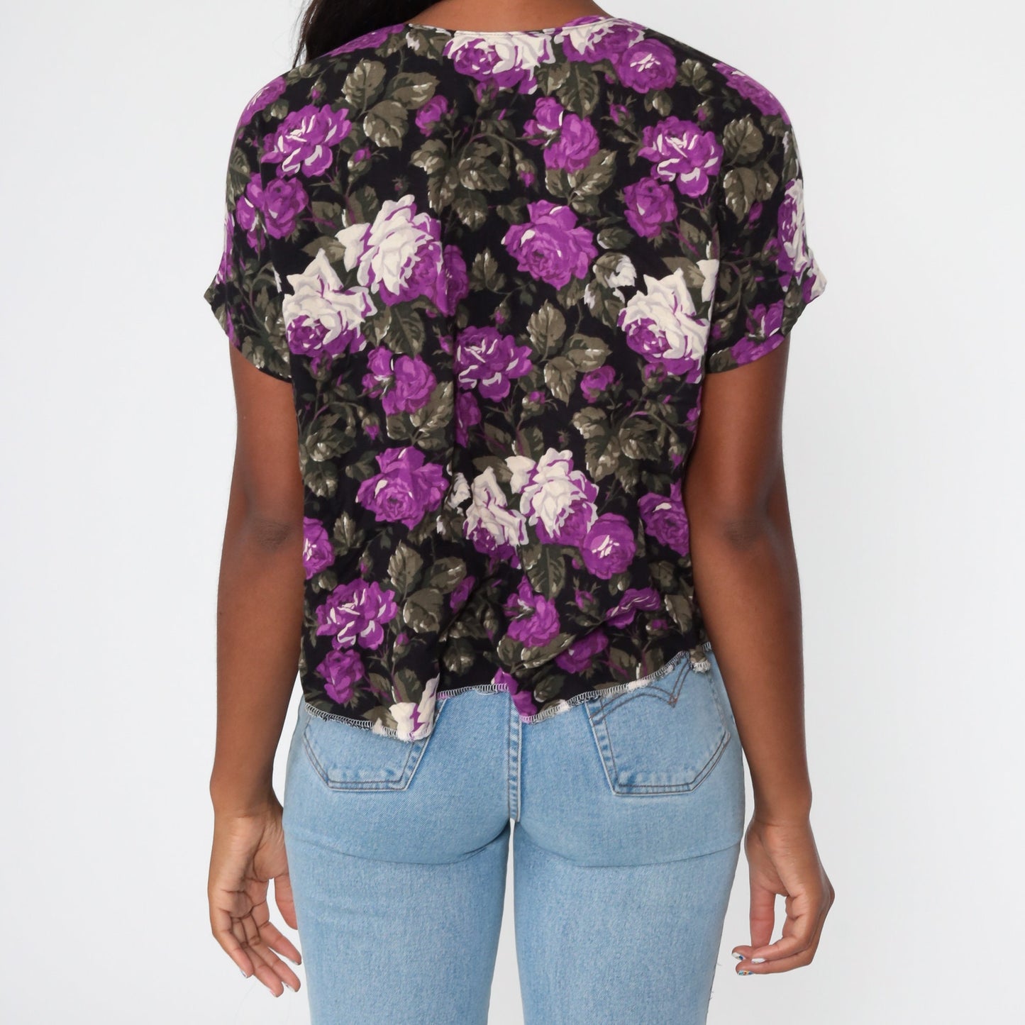 90s Floral Button-Up Blouse Purple Rayon Short Sleeve Medium