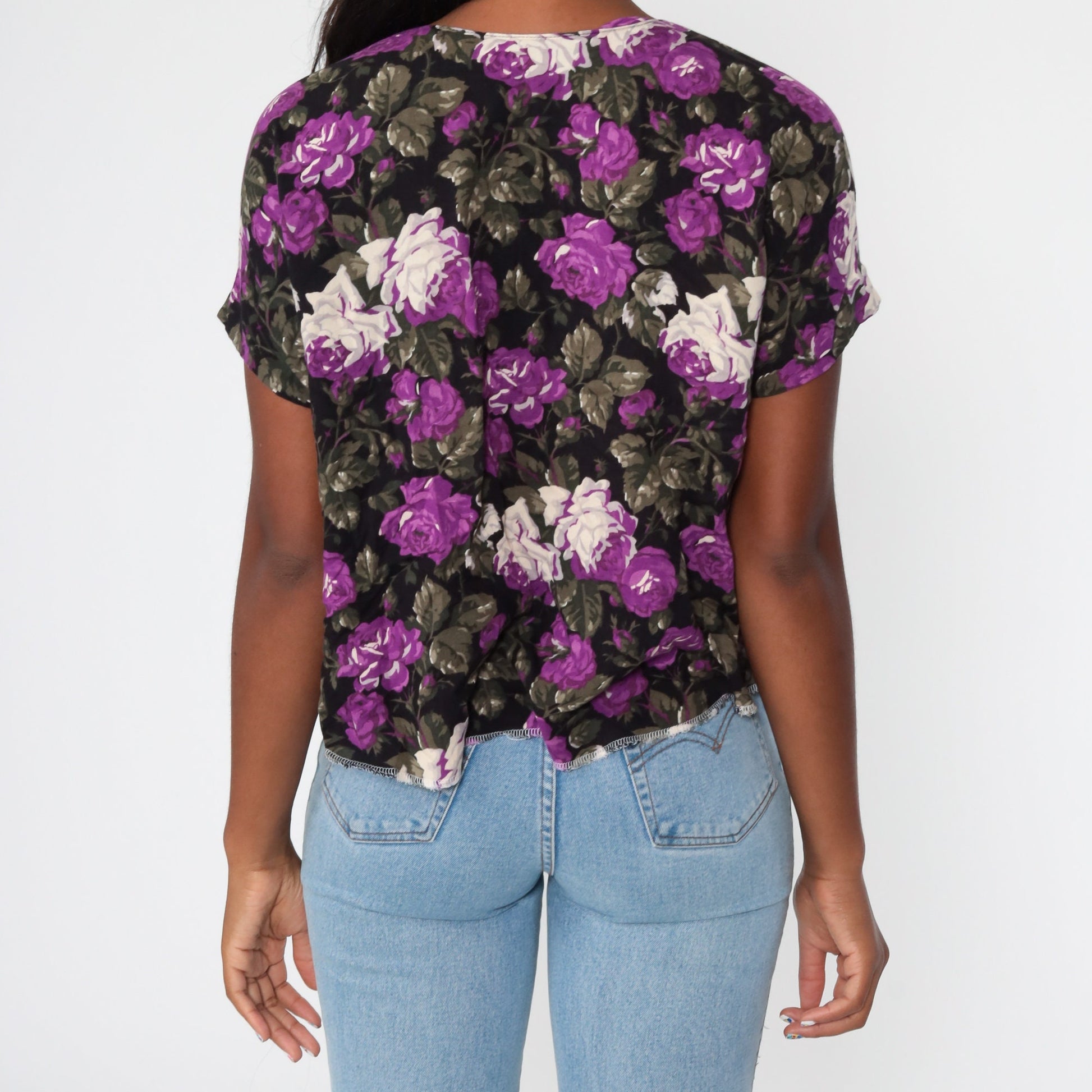 90s Floral Button-Up Blouse Purple Rayon Short Sleeve Medium