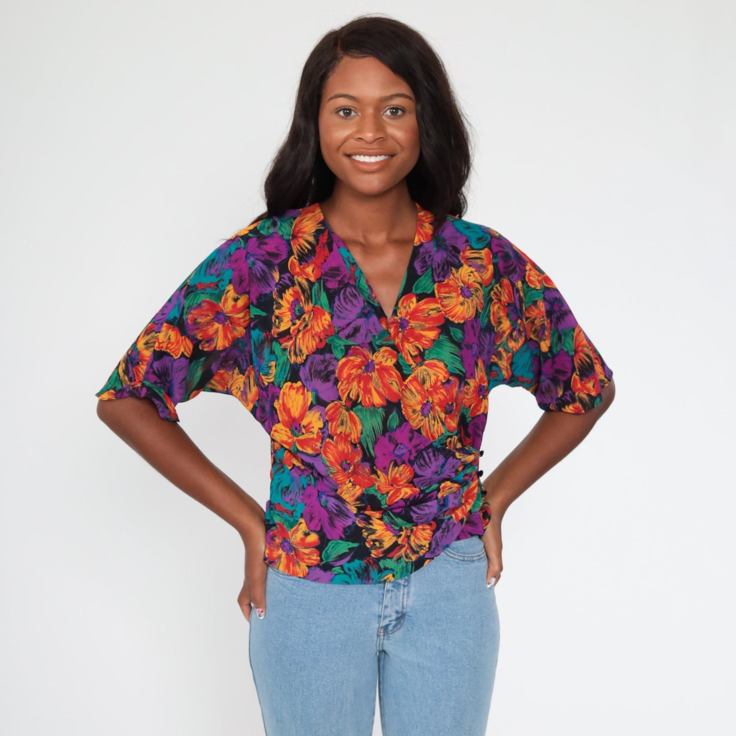 80s Toni Petite Floral Wrap Crop Top Purple Tropical Blouse Medium
