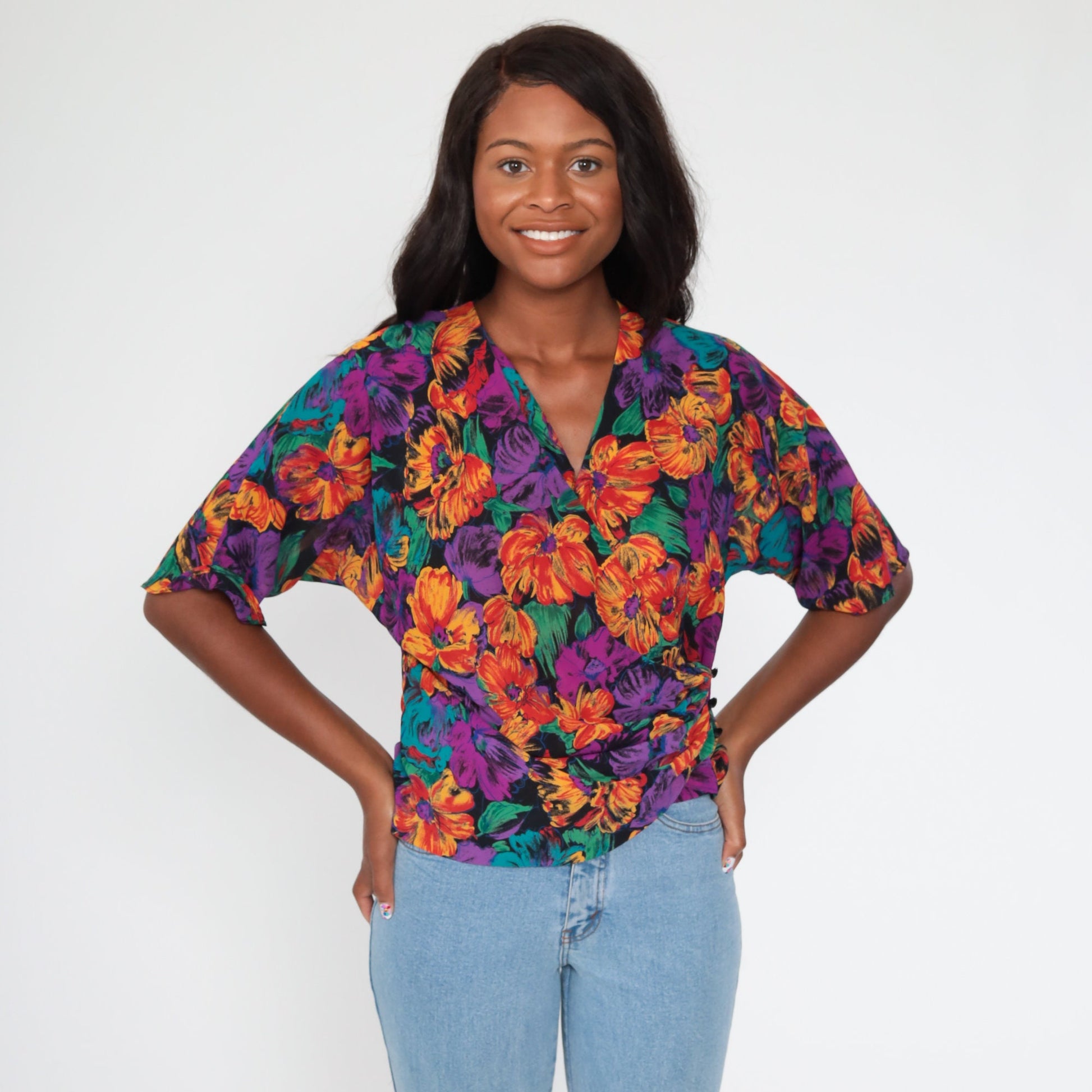 80s Toni Petite Floral Wrap Crop Top Purple Tropical Blouse Medium