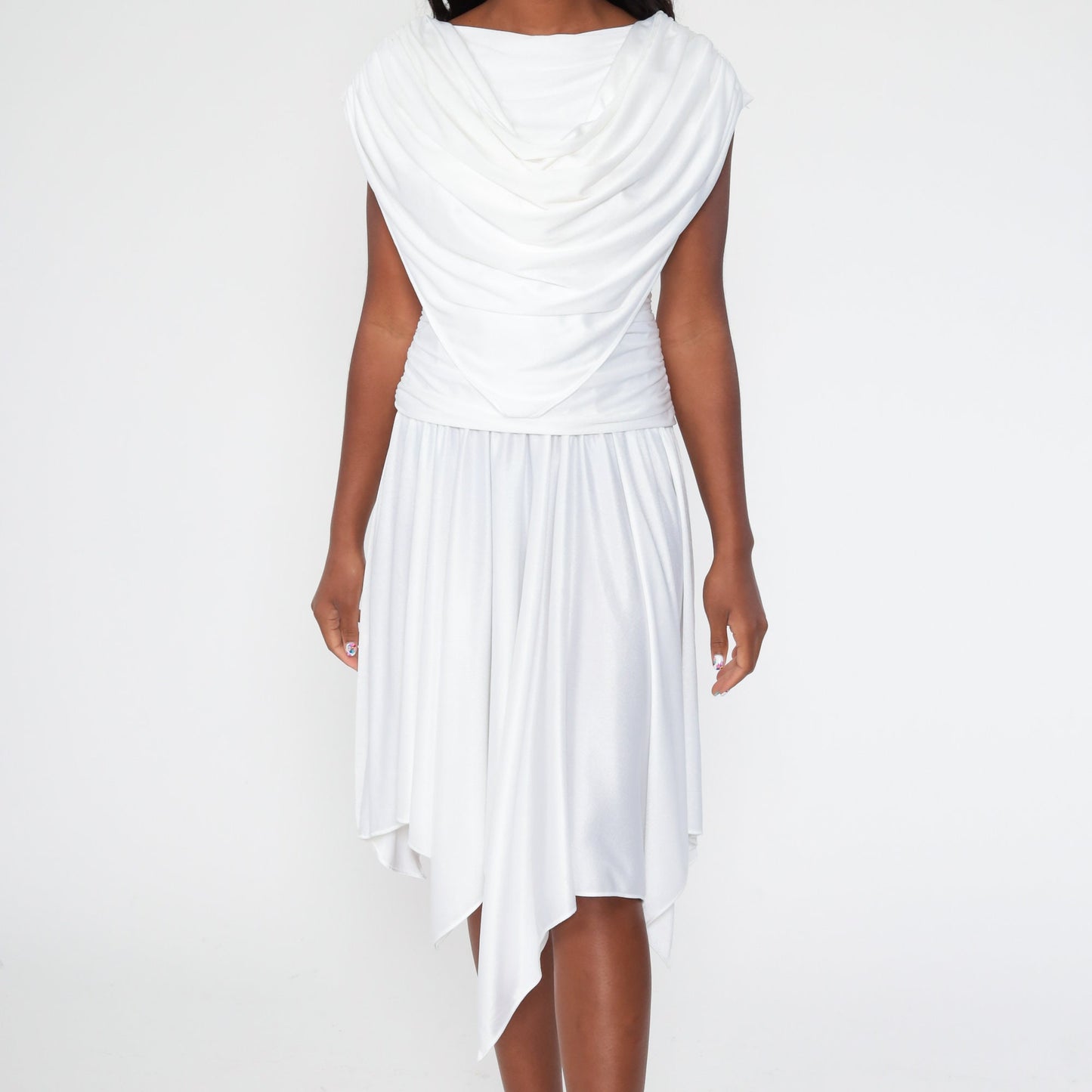 70s White Grecian Draped Midi Dress Cowl Neck Low Back Extra Small