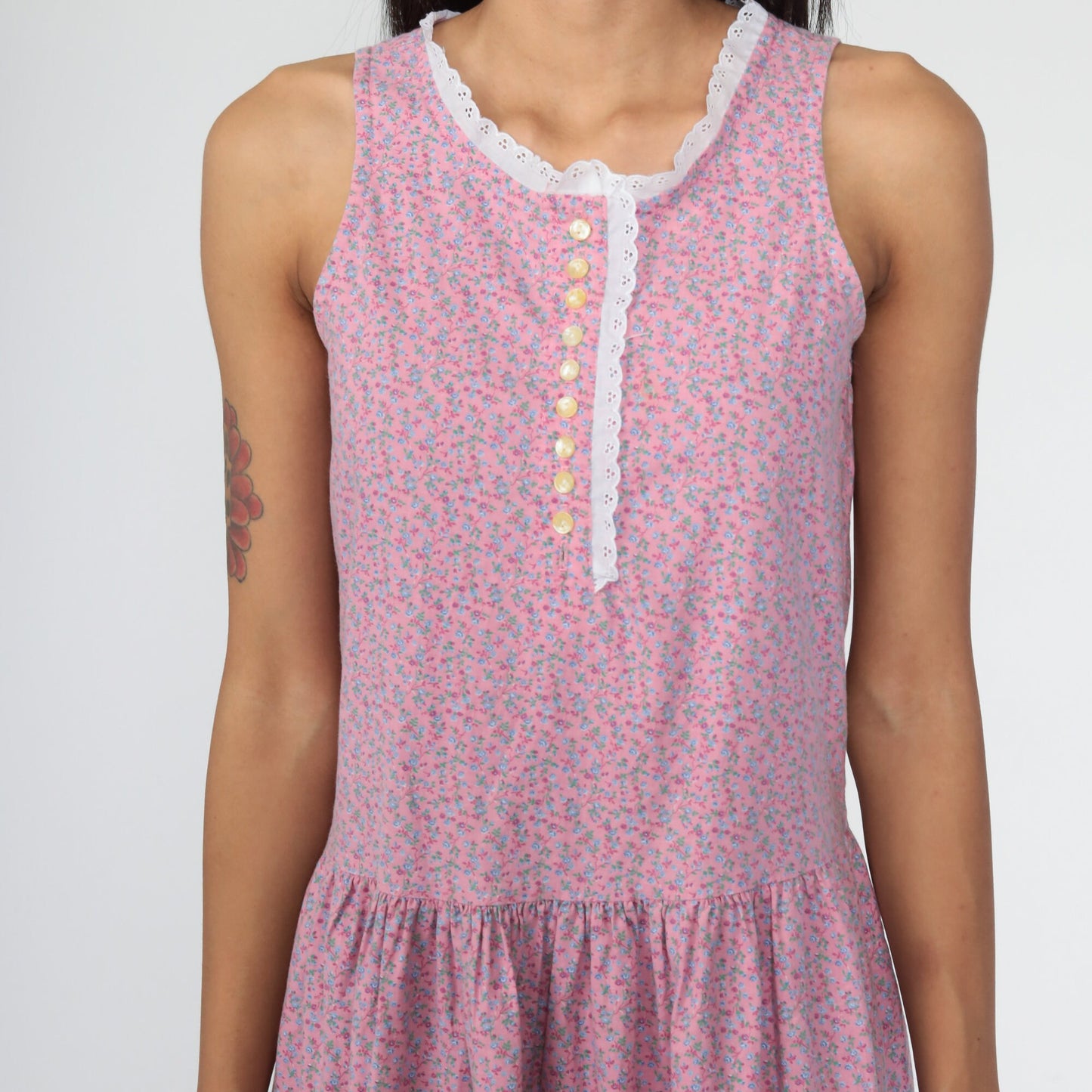 80s Calico Floral Midi Dress Pink Eyelet Lace Drop Waist Sleeveless Extra Small