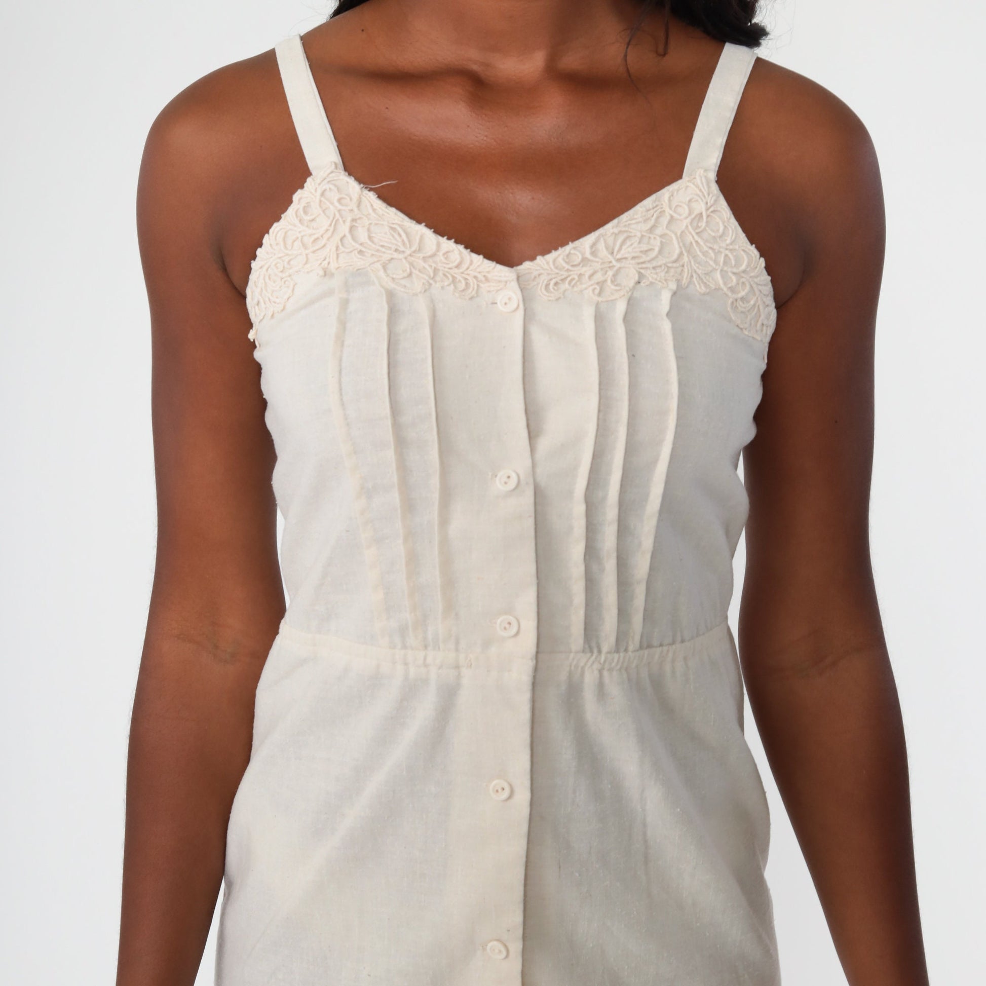 70s Cream Cotton Sundress High Waist Button Front Mini Lace Trim Extra Small
