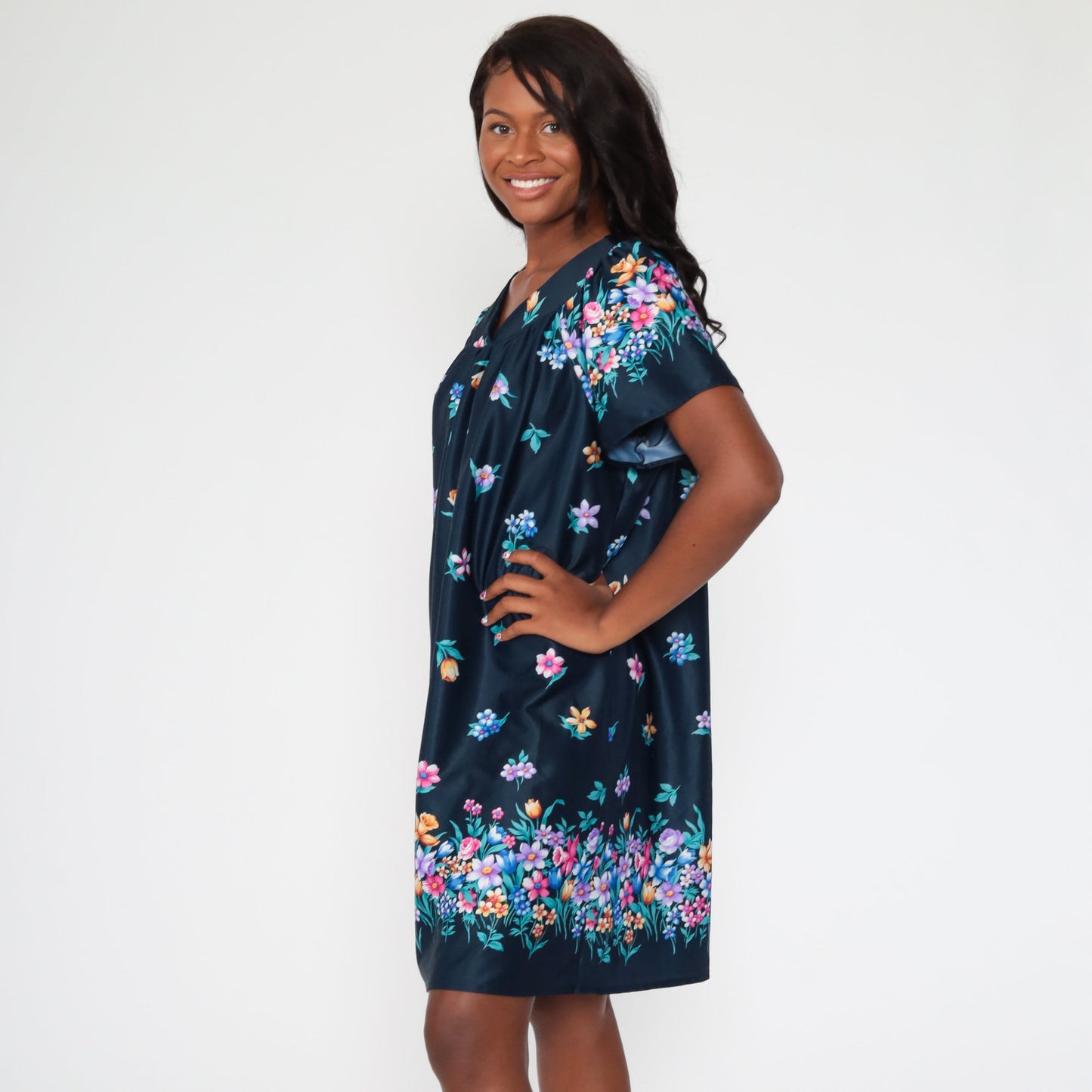 00s Blue Floral Tent Dress Mini Short Sleeve Shift Medium