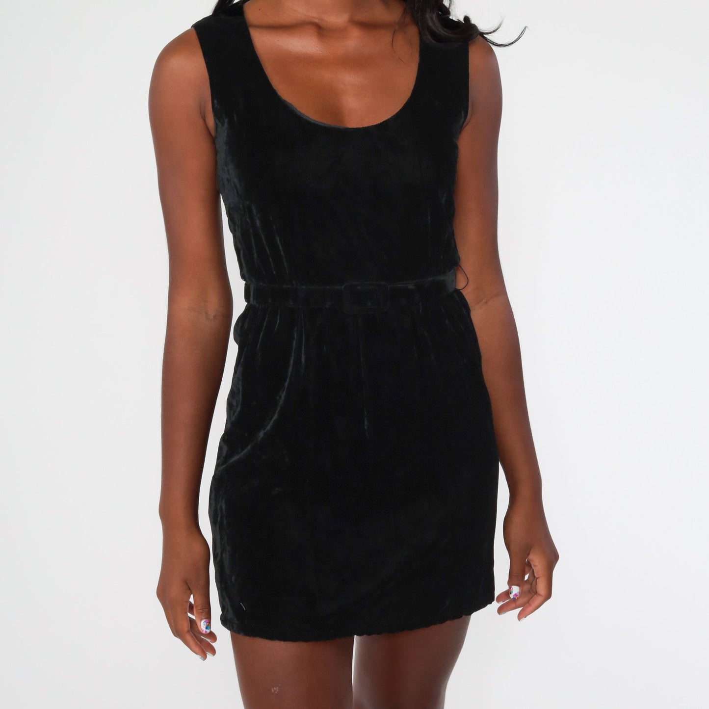 60s Black Velvet Mini Dress Sleeveless High Waist Belted Cocktail Extra Small