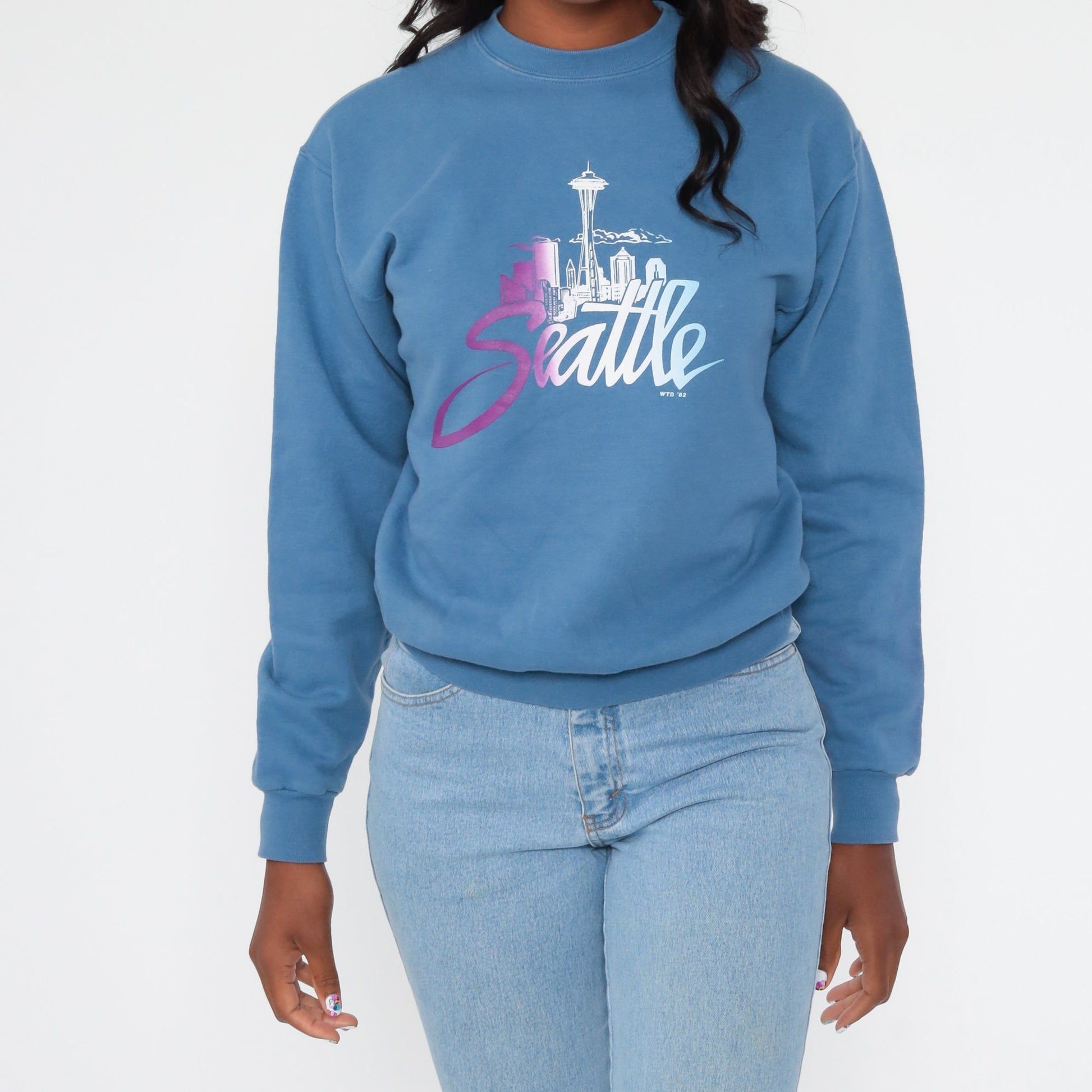 80s Seattle Space Needle Washington Graphic Sweatshirt Blue Extra Small