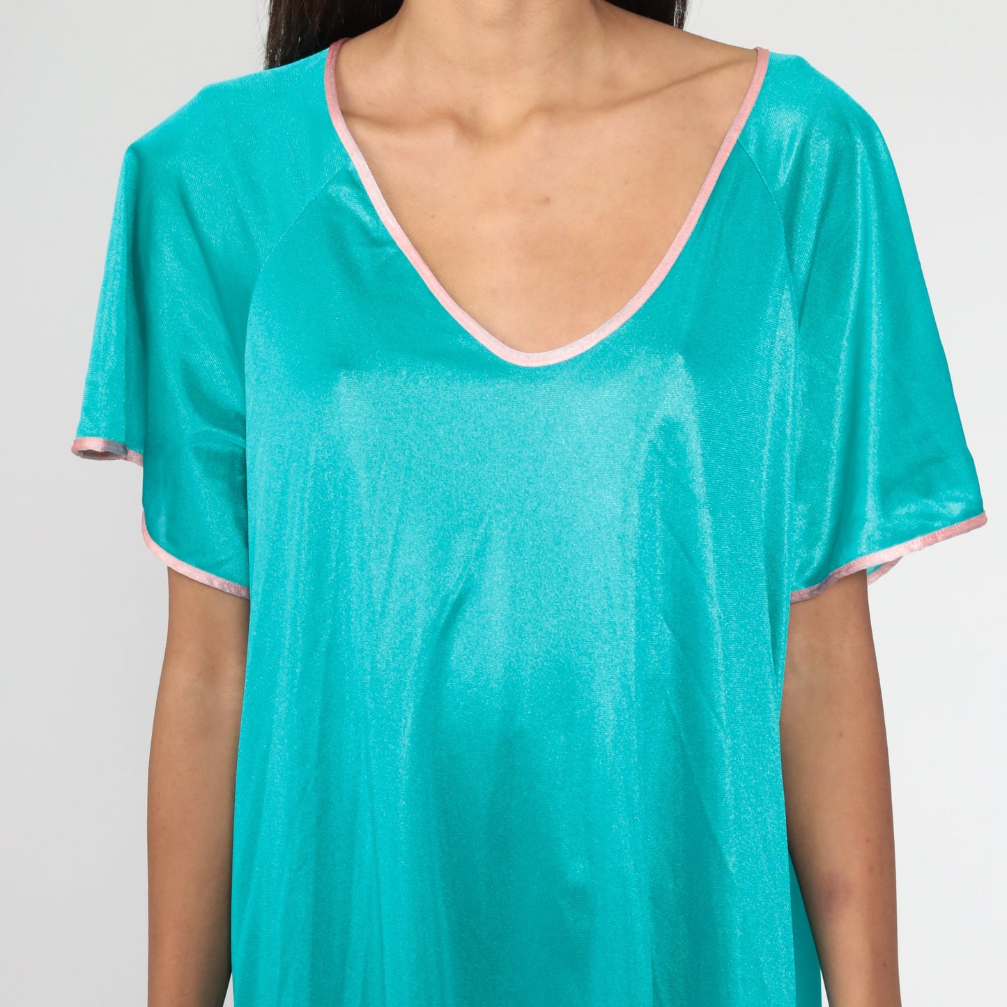 1960s Turquoise Nylon Nightgown Pink Ringer Trim Tent Cut Extra Large XXL