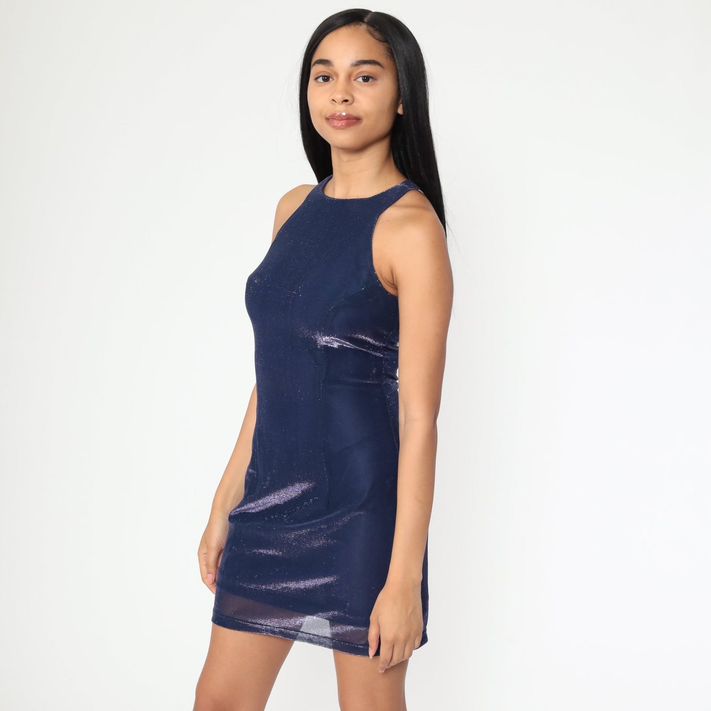 00s Metallic Blue Mini Dress Racerback Tank Y2K Club Wear Extra Small