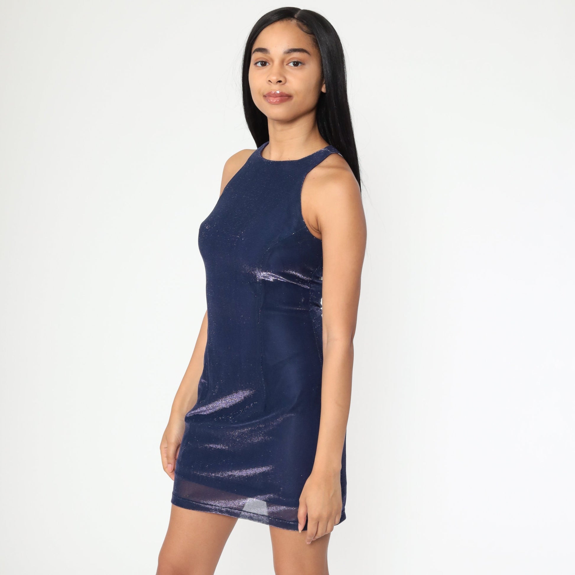 00s Metallic Blue Mini Dress Racerback Tank Y2K Club Wear Extra Small