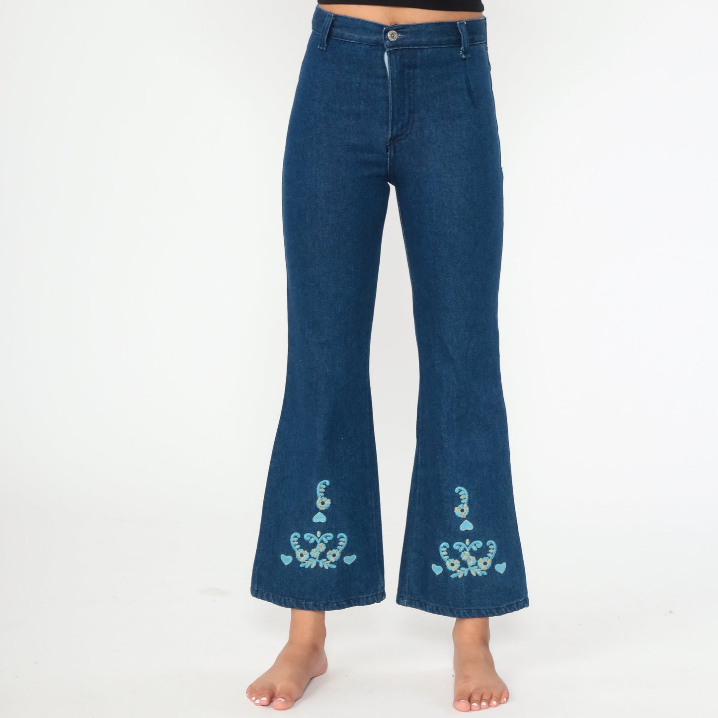 90s Floral Embroidered Bell Bottom Jeans Dark Blue Cotton Y2K Extra Small XS