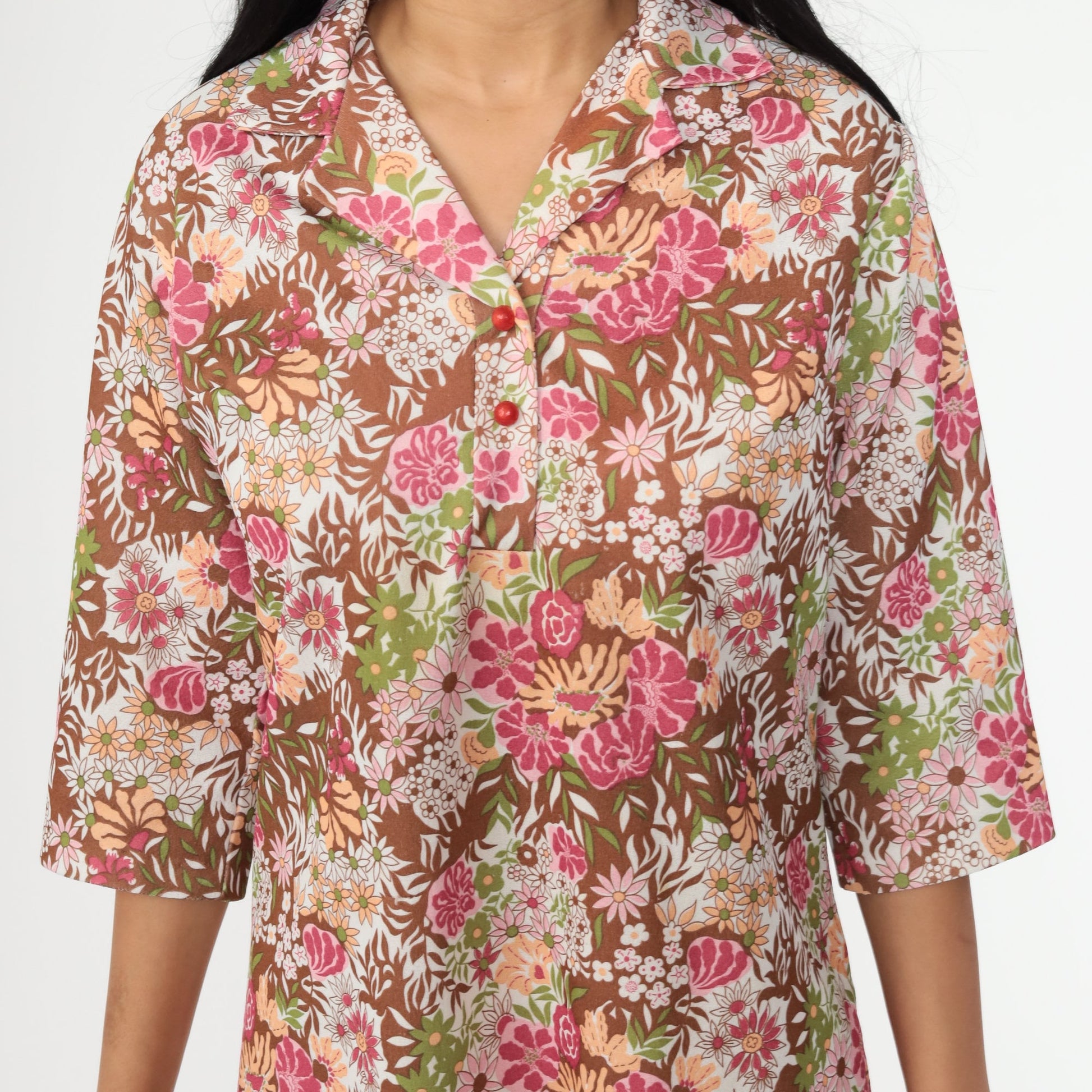 1960s Floral Shift Dress Pink Brown Mini Short Sleeve Medium