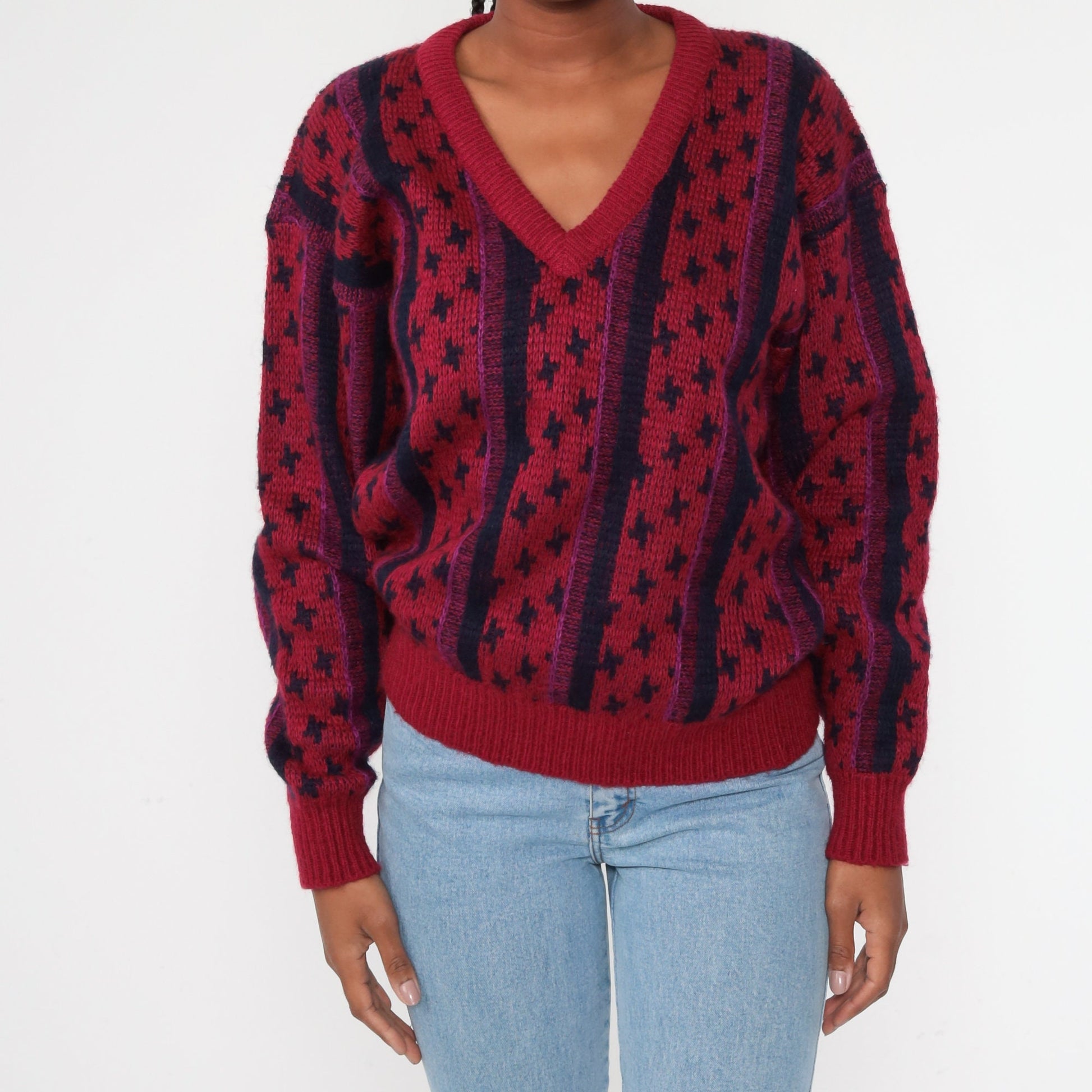 80s Burgundy Striped V-Neck Wool Blend Sweater Knit Pullover Medium