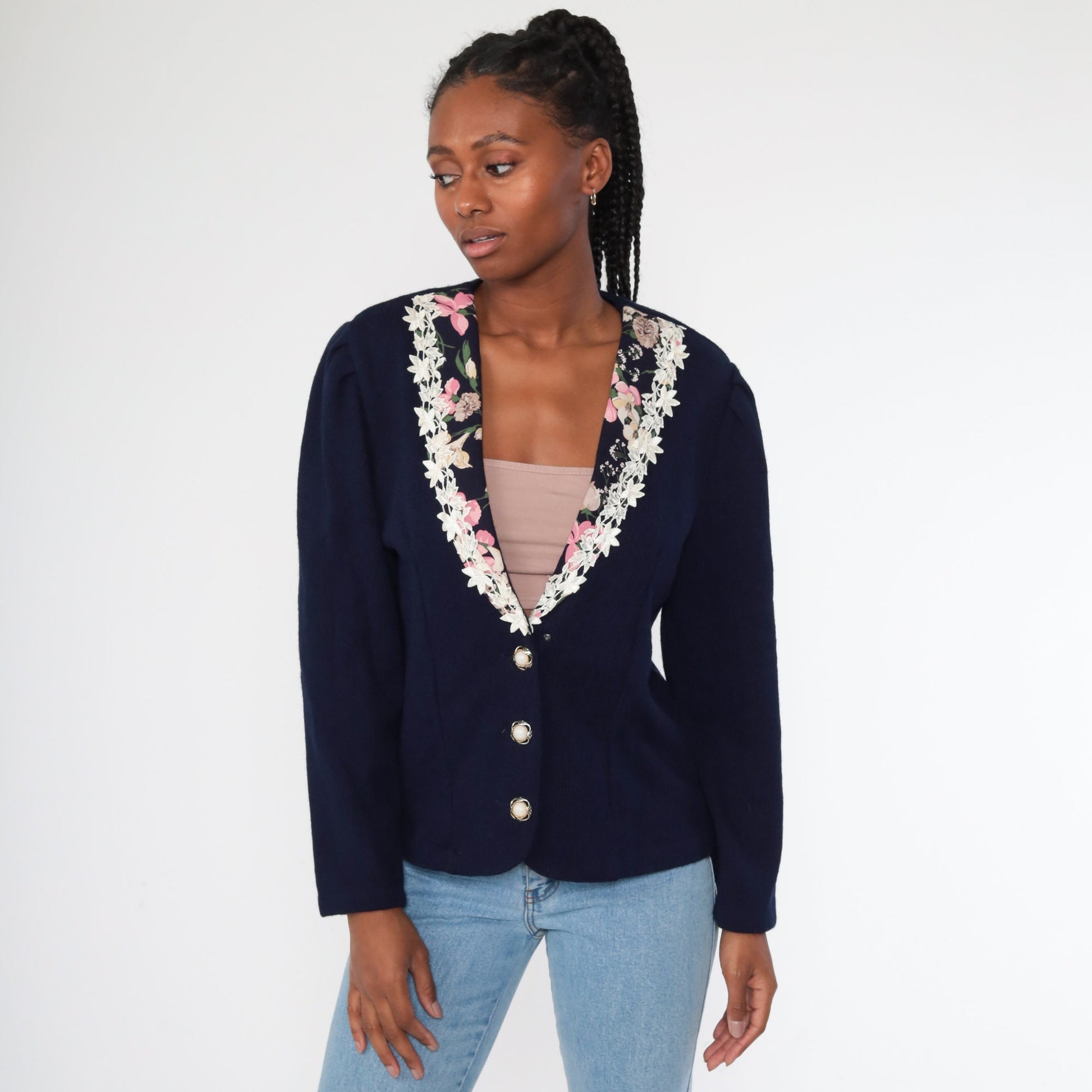 80s Navy Blazer Jacket Floral Lace Trim Office Jacket Medium