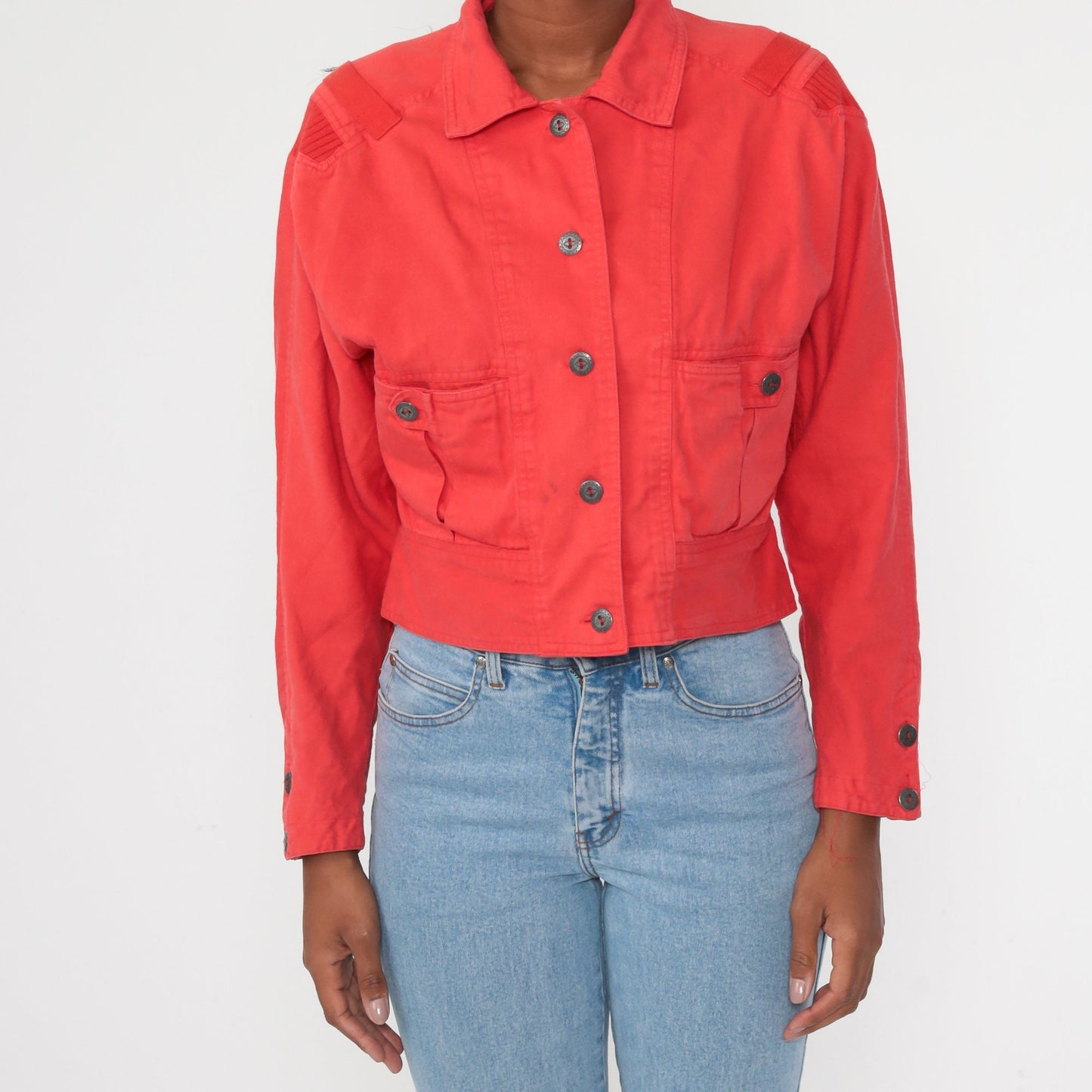 90s Red Cotton Cropped Jacket Button Up Cargo Pocket Small