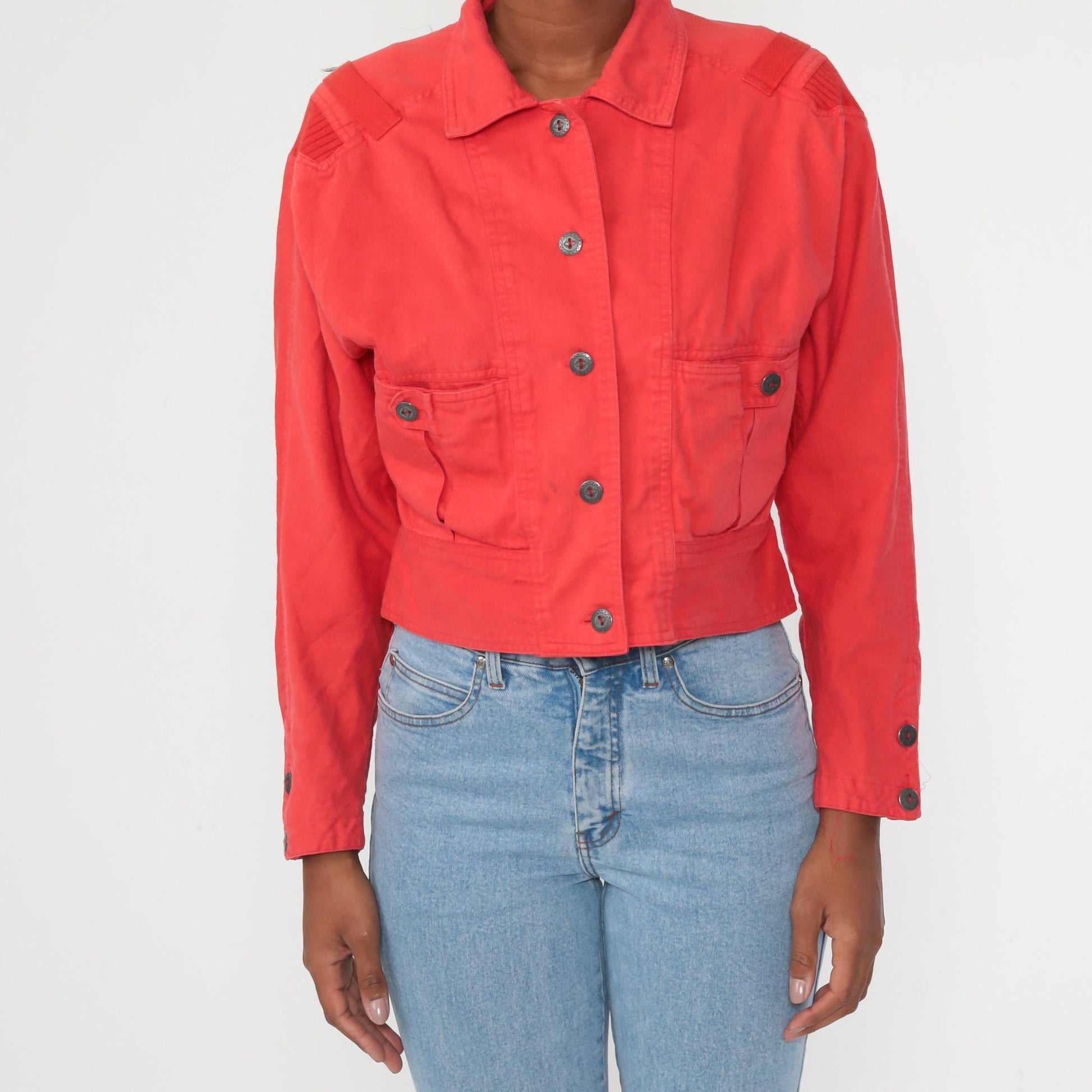 90s Red Cotton Cropped Jacket Button Up Cargo Pocket Small