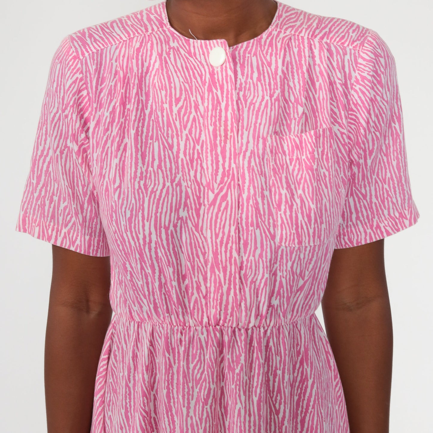 70s Tiger Stripe Print Midi Shirtdress Pink High Waist Button Up Small