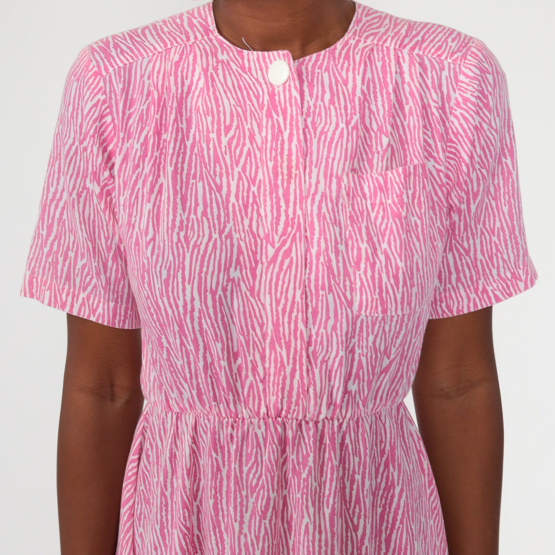 70s Tiger Stripe Print Midi Shirtdress Pink High Waist Button Up Small