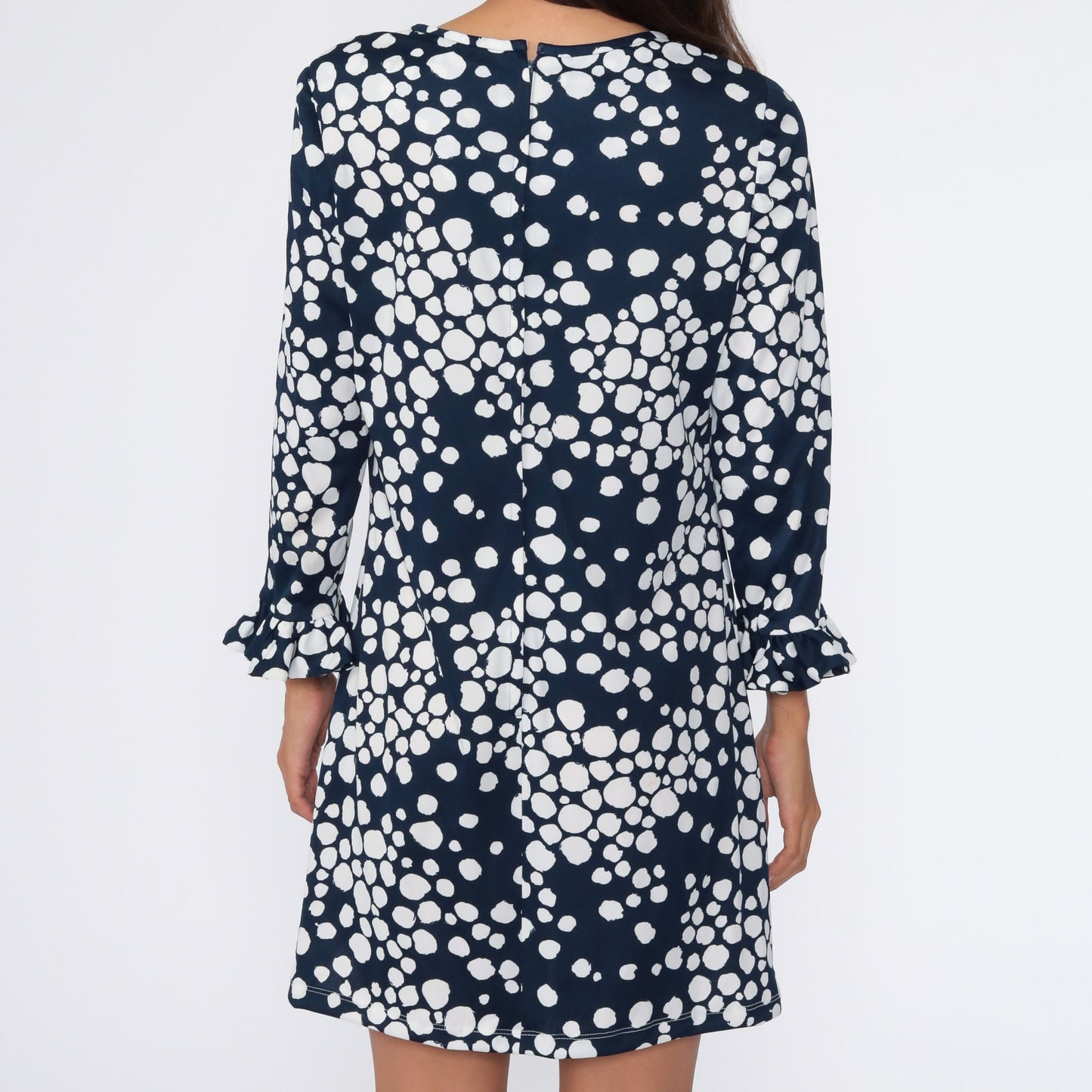 70s Mod Mini Shift Dress Polka Dot Blue White Long Ruffle Sleeve Medium