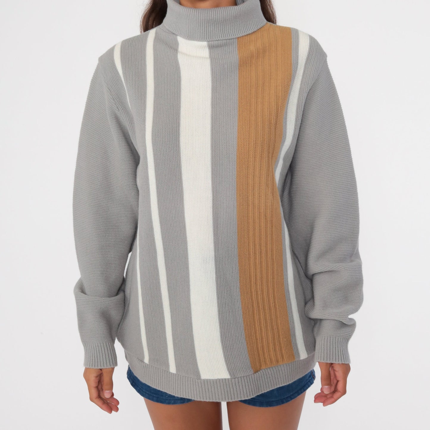 80s Striped Turtleneck Sweater Grey Knit Pullover Medium