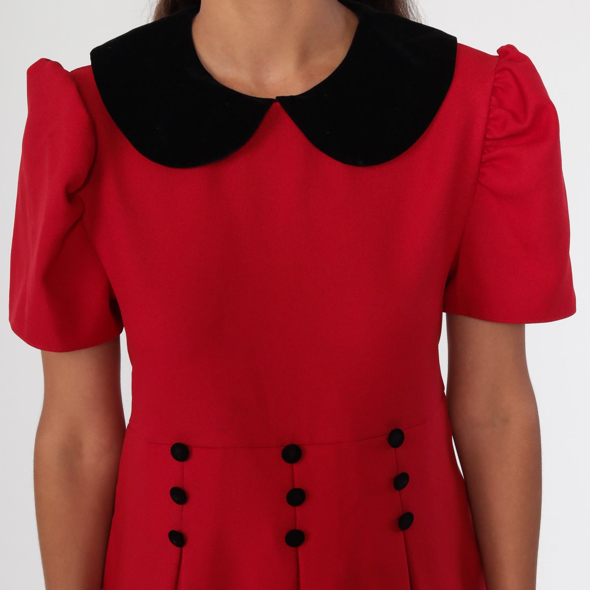 90s Red Midi Dress Peter Pan Collar Puff Sleeve Pleated Large 12