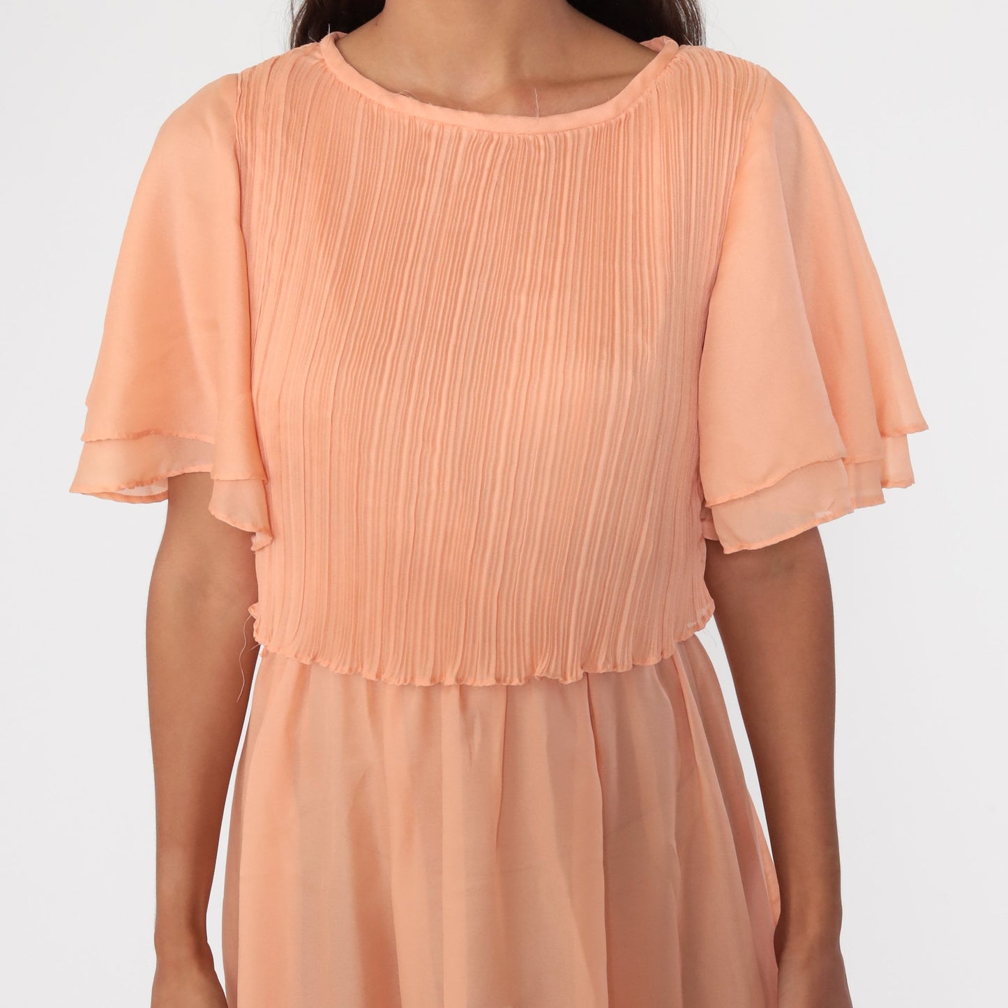 70s Orange Grecian Midi Dress Flutter Sleeve High Waist Small