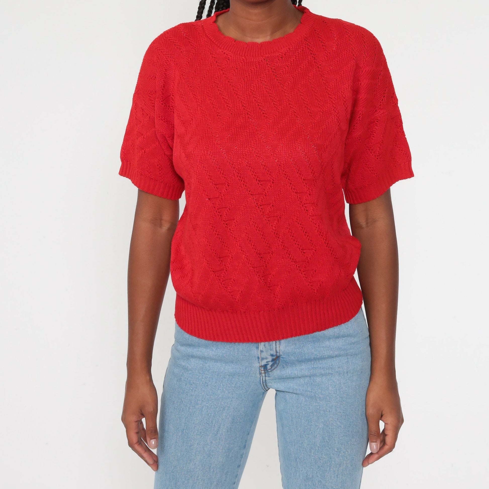 80s Red Open Weave Knit Sweater Top Short Sleeve Medium