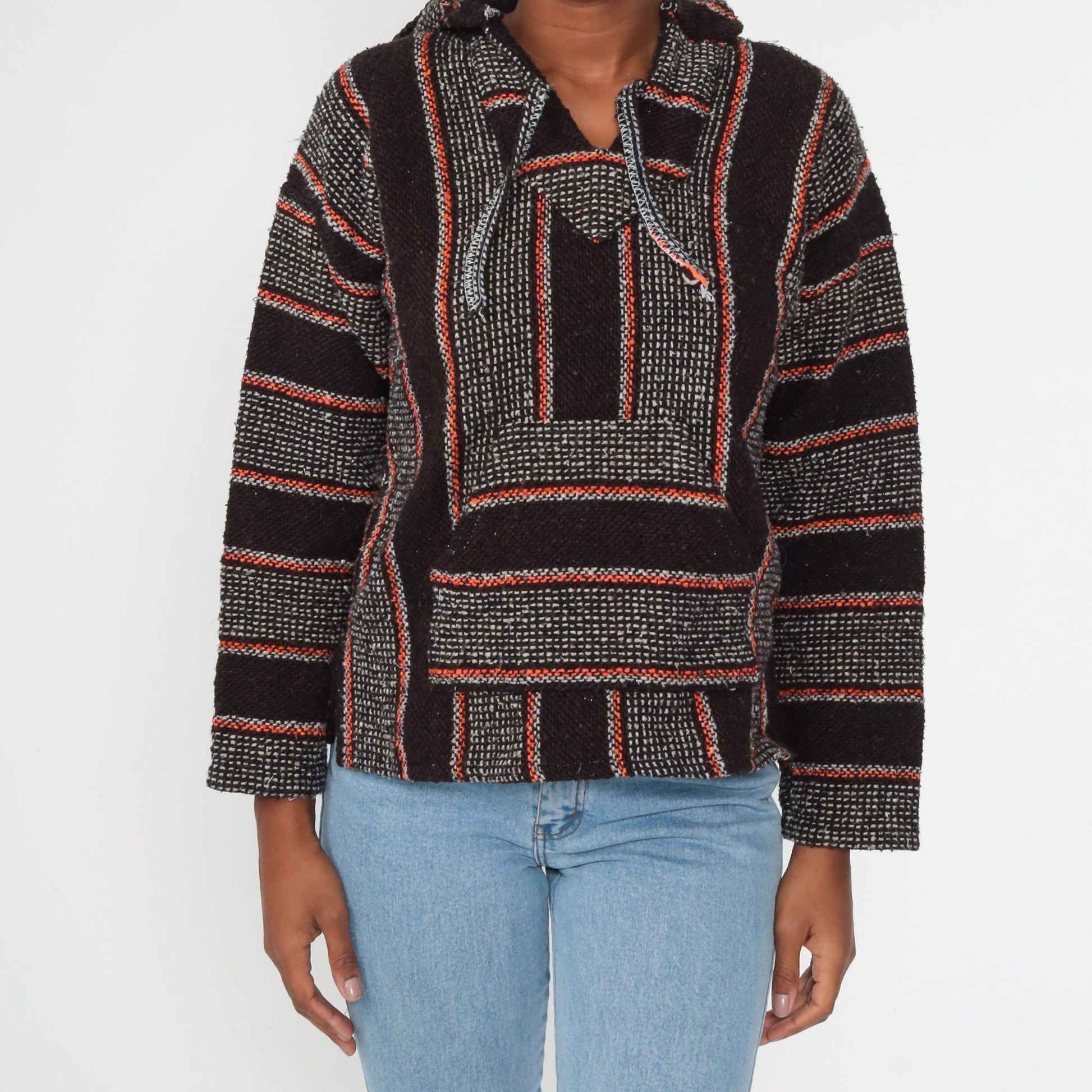 90s Mexican Baja Hoodie Orange Black Stripe Kangaroo Pocket Small