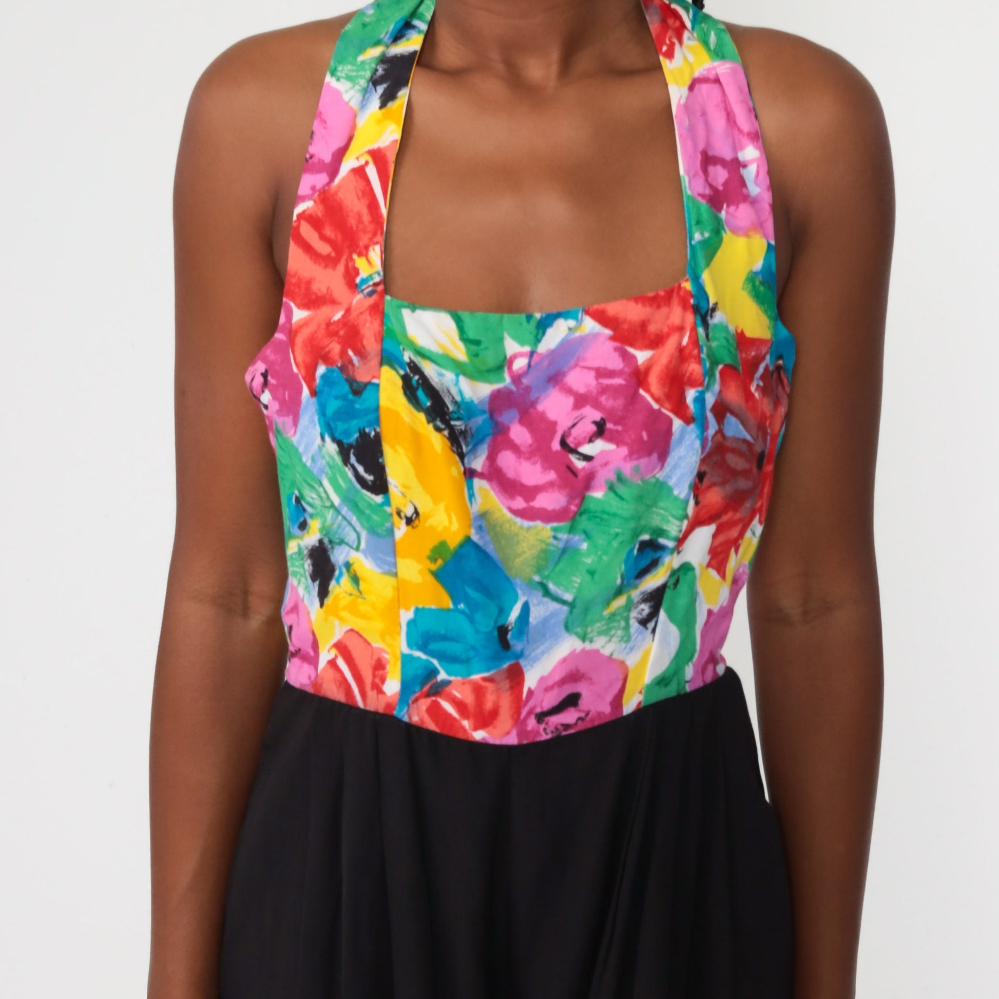 90s Black Floral Halter Jumpsuit Straight Leg Backless Small S