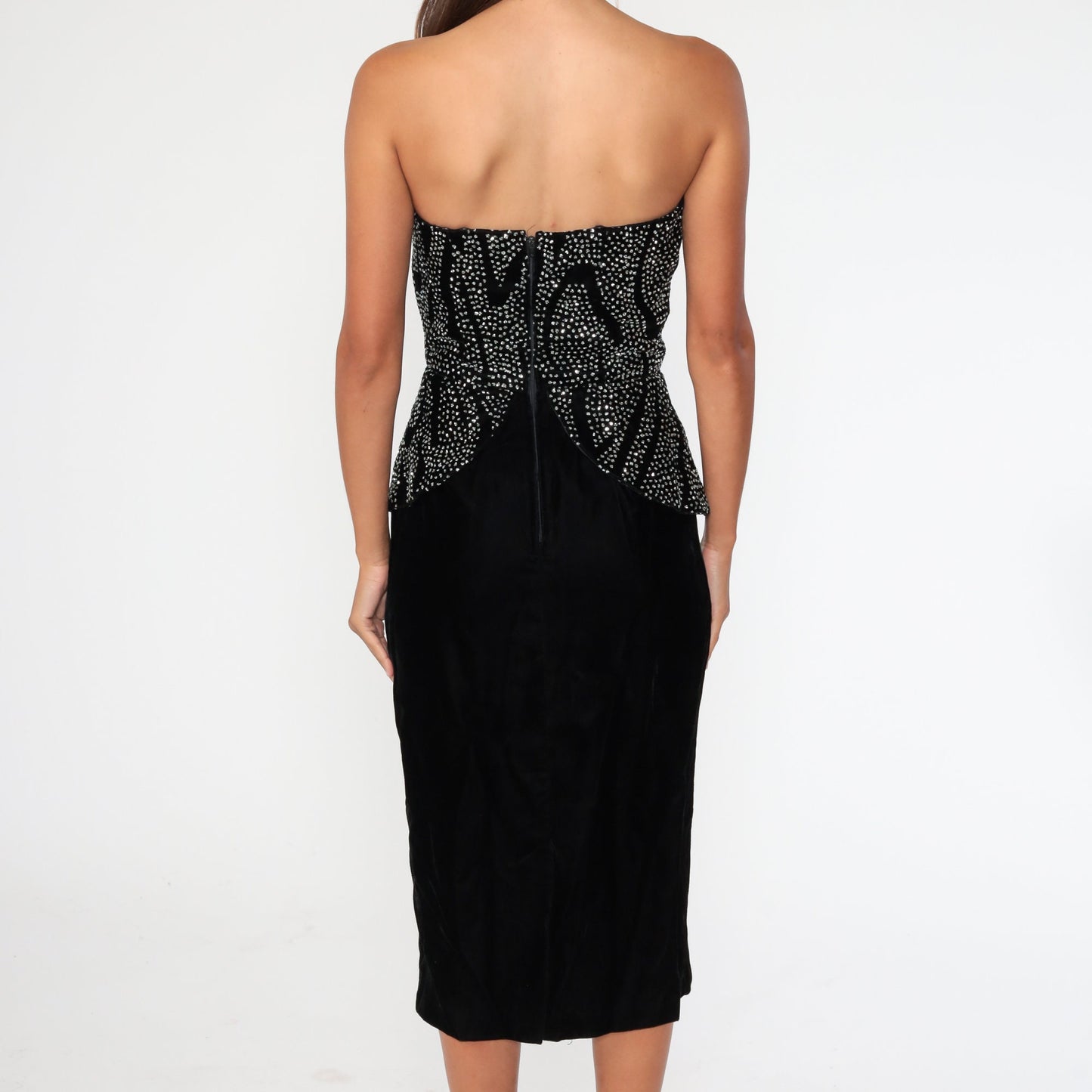 80s Black Velvet Strapless Mini Dress Sweetheart Neckline Rhinestone Extra Small