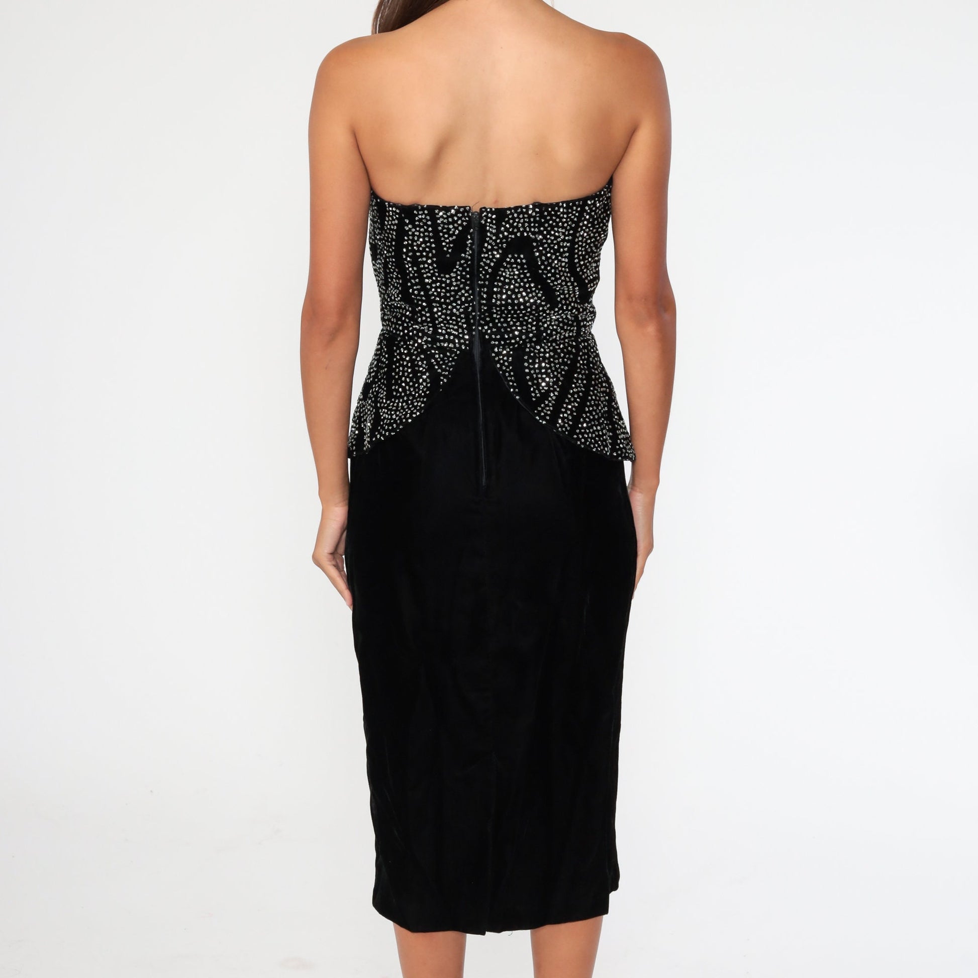 80s Black Velvet Strapless Mini Dress Sweetheart Neckline Rhinestone Extra Small