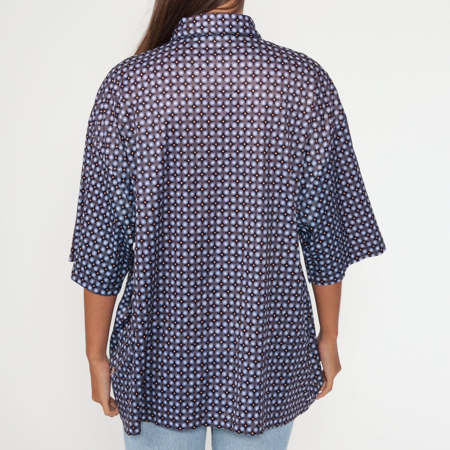 90s Geometric Print Button-Up Shirt Blue Brown Short Sleeve Extra Large